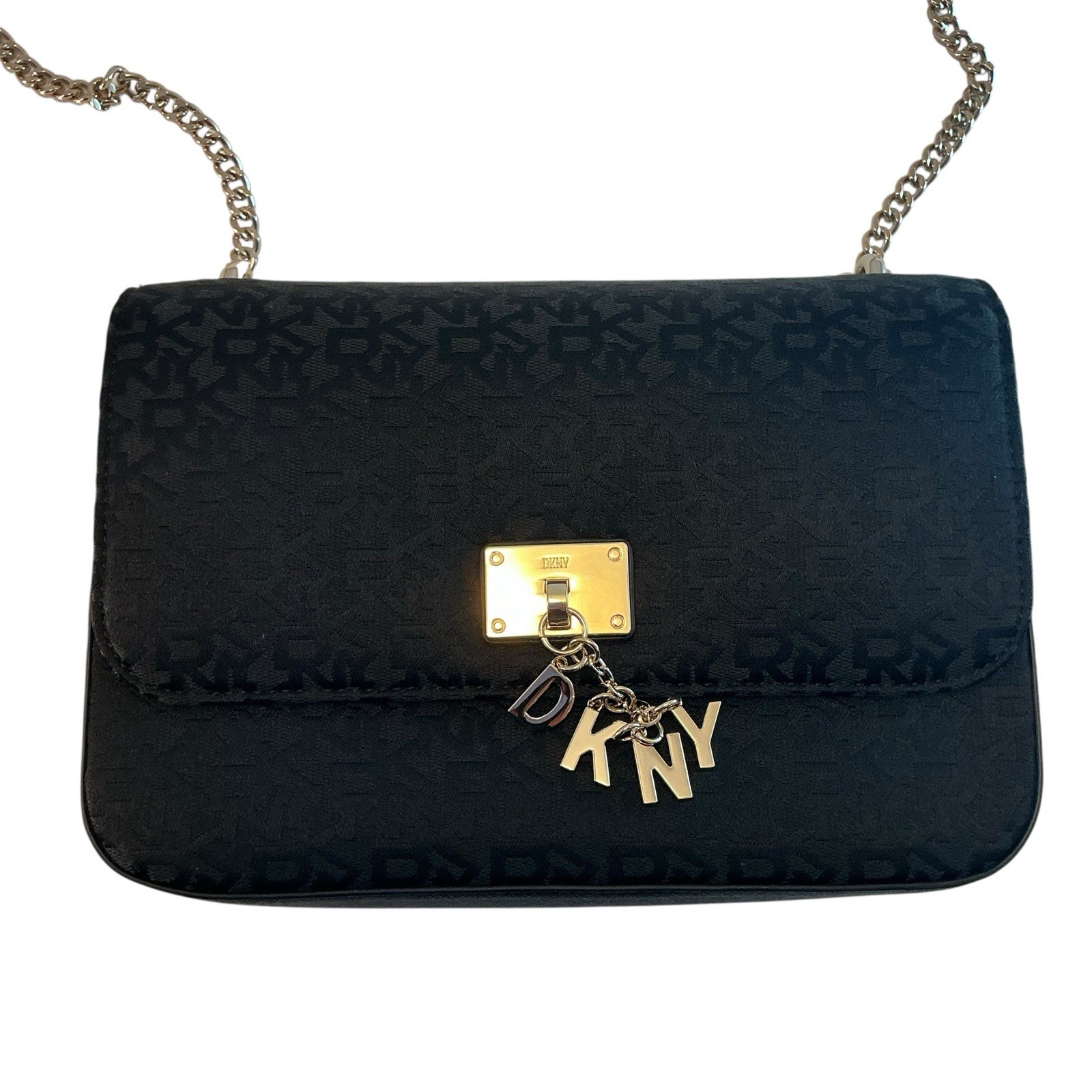 DKNY Women Cleo MD Medium Black Shoulder Bag Chain Strap Monogram Logo