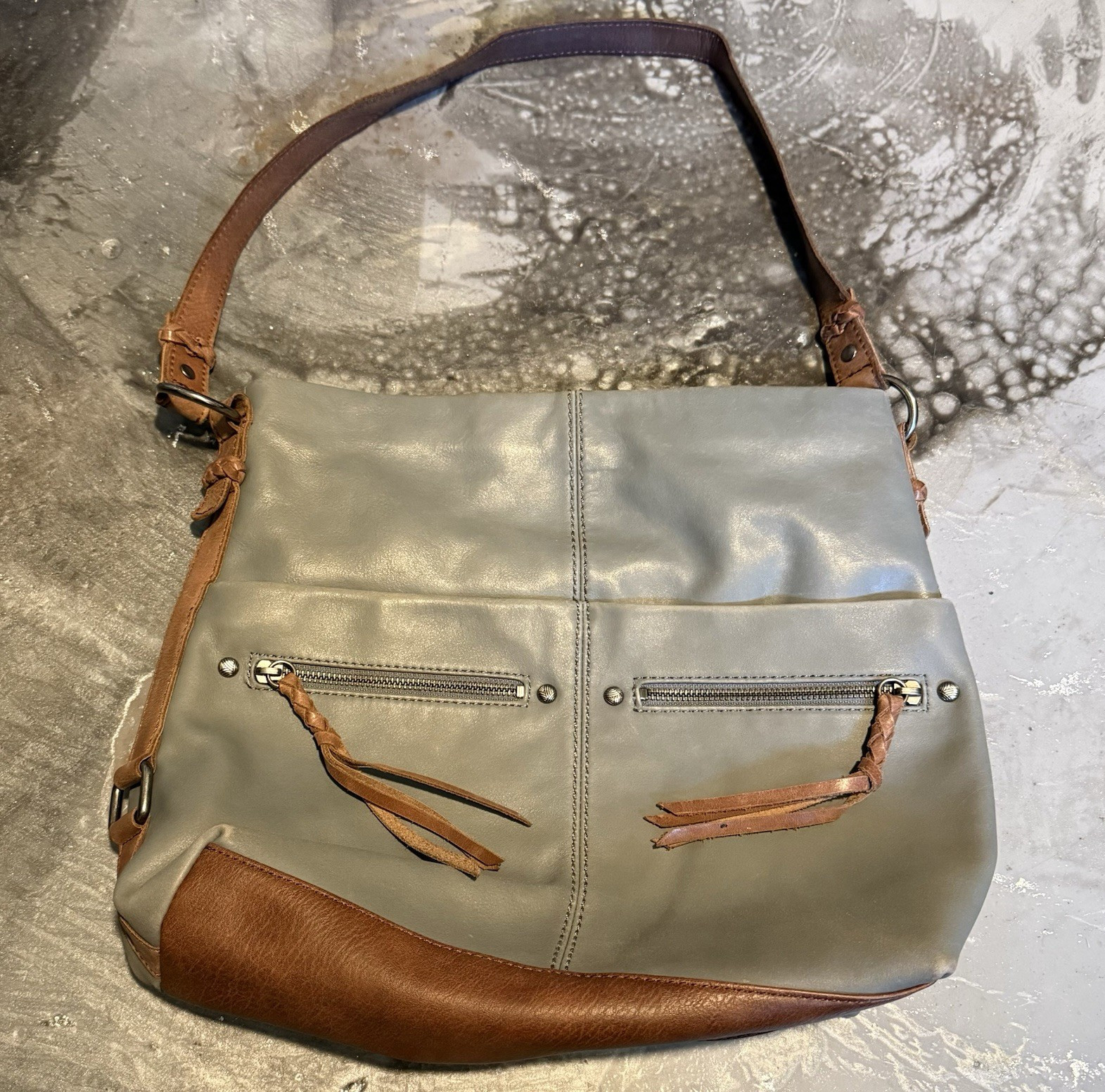 The Sak Gray/Brown Crescent Hobo Shoulder Bag Zip Top