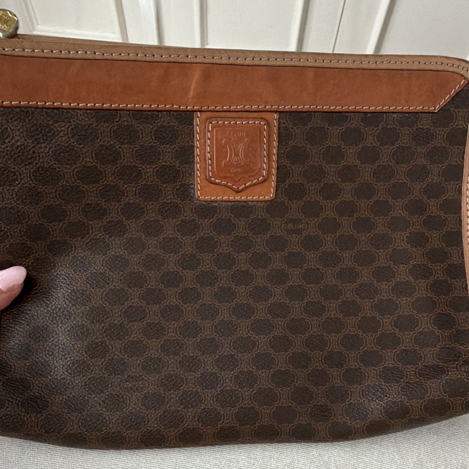 ⁠Vintage CELINE Macadam Canvas Clutch Pouch Wristlet Brown Tan Leather Trim