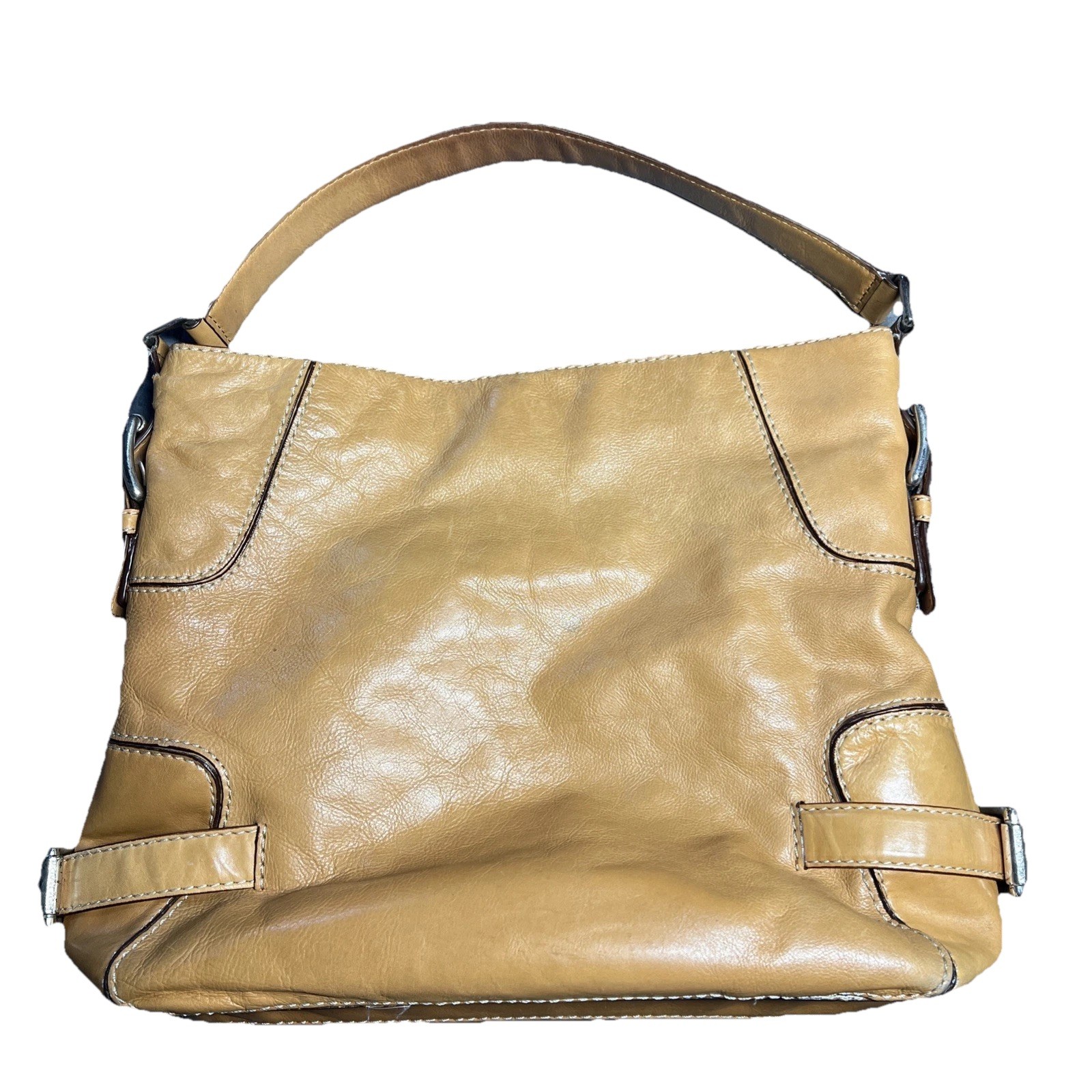 Michael Kors Brookville Hobo Shoulder Hand Bag Tan Leather Snap Buckle Details
