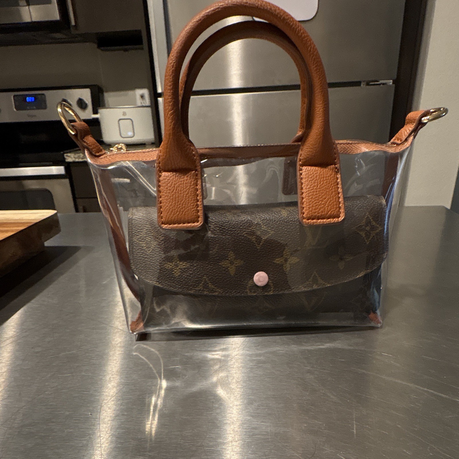 Clear Satchel Top Handle Bag Brown Trim Zip Closure w/ Detachable Shoulder Strap