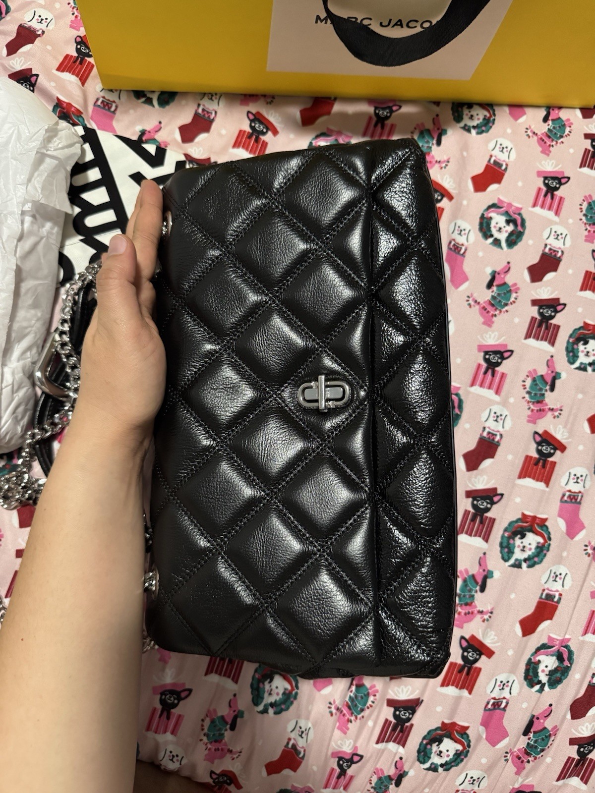 Marc Jacobs Black Quilted Top Handle Crossbody Detachable Chain Strap Turn Lock