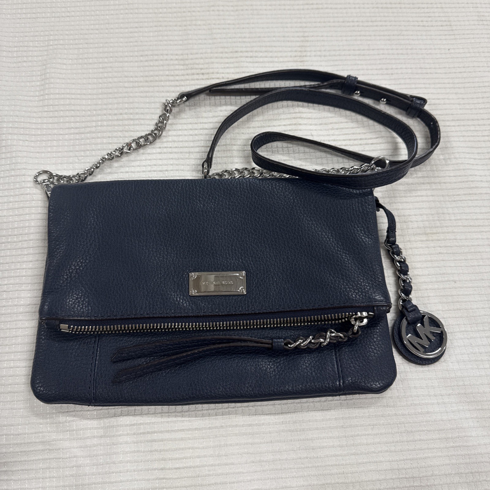 Michael Kors Corinne Navy Leather Medium Messenger Crossbody Bag Fold Flap Style