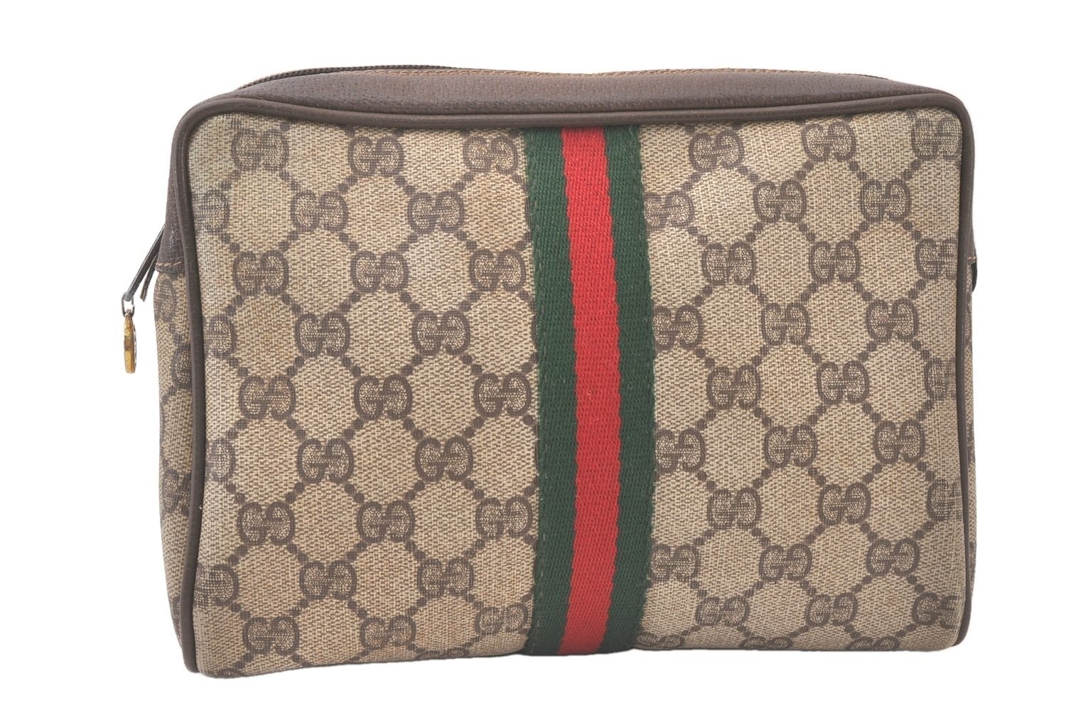 Authentic GUCCI Web Sherry Line Clutch Hand Bag Purse GG PVC Leather Brown AA870