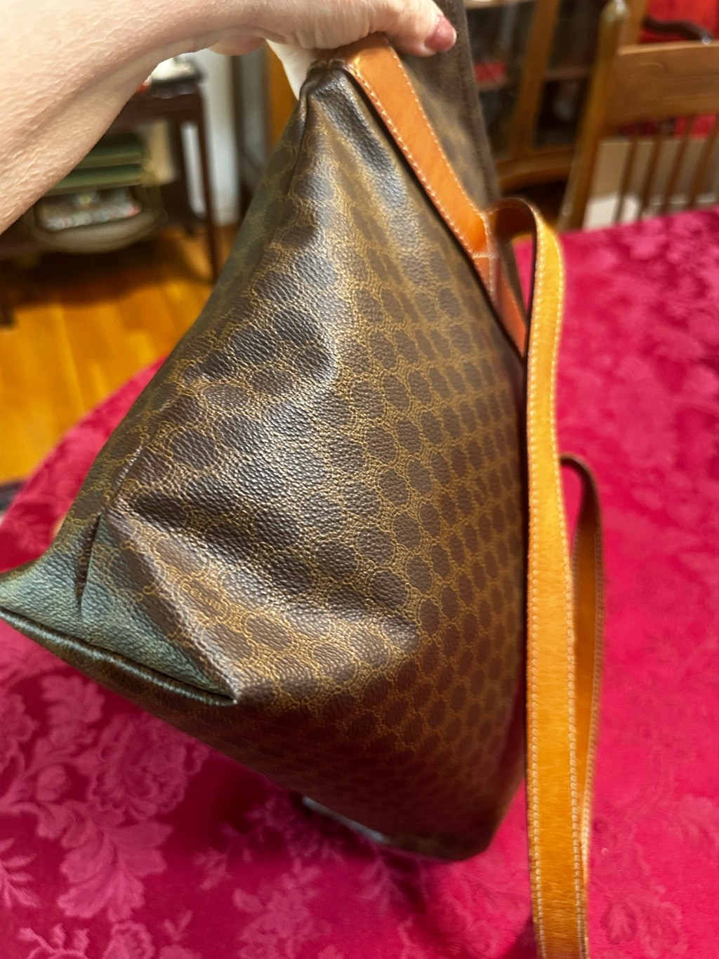 Celine Brown Macadam Coated Canvas and Tan Leather Tote Bag