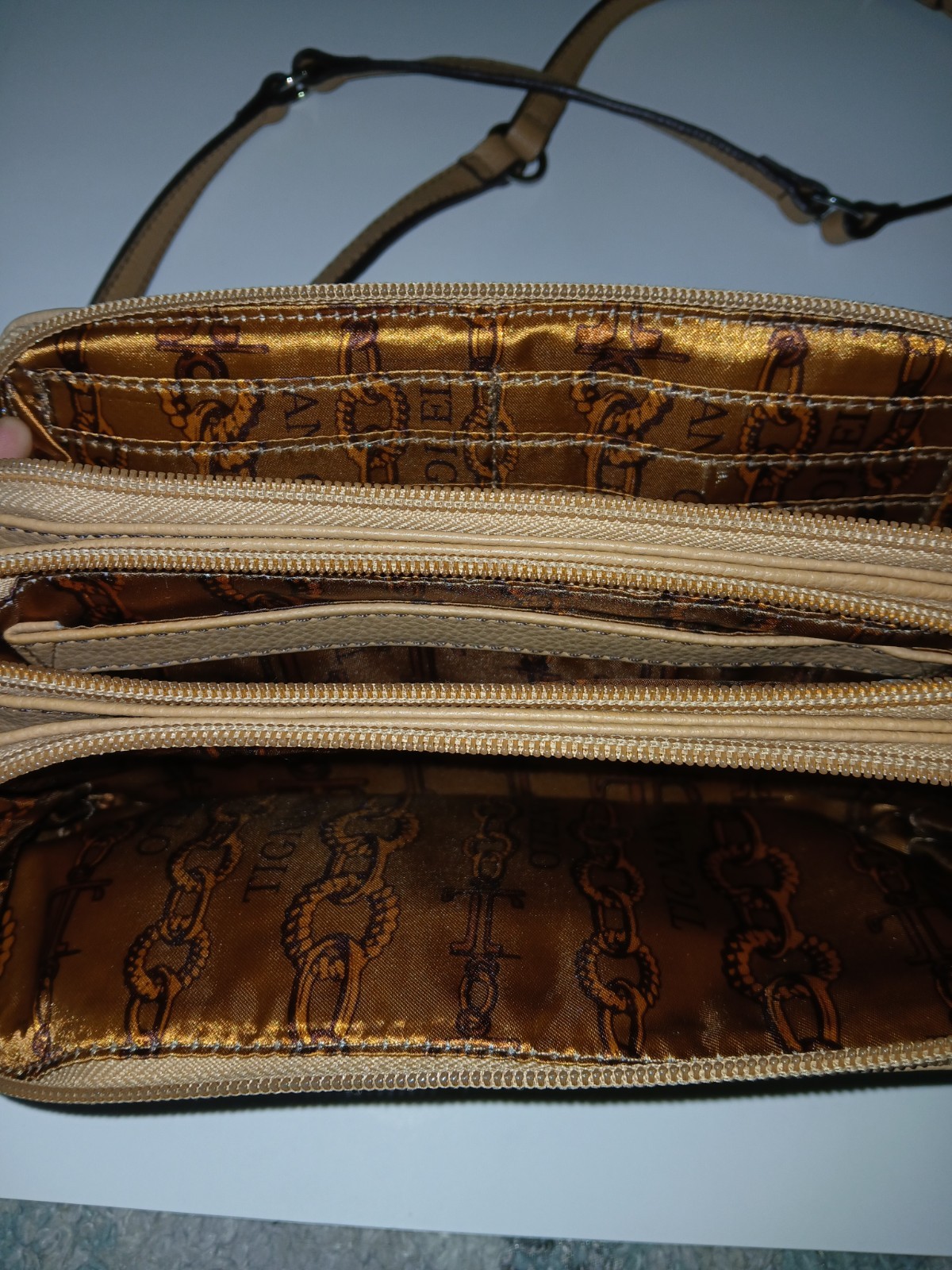 Tignanello Beige Small Crossbody Bag Zip Closure Adjustable Strap Pockets