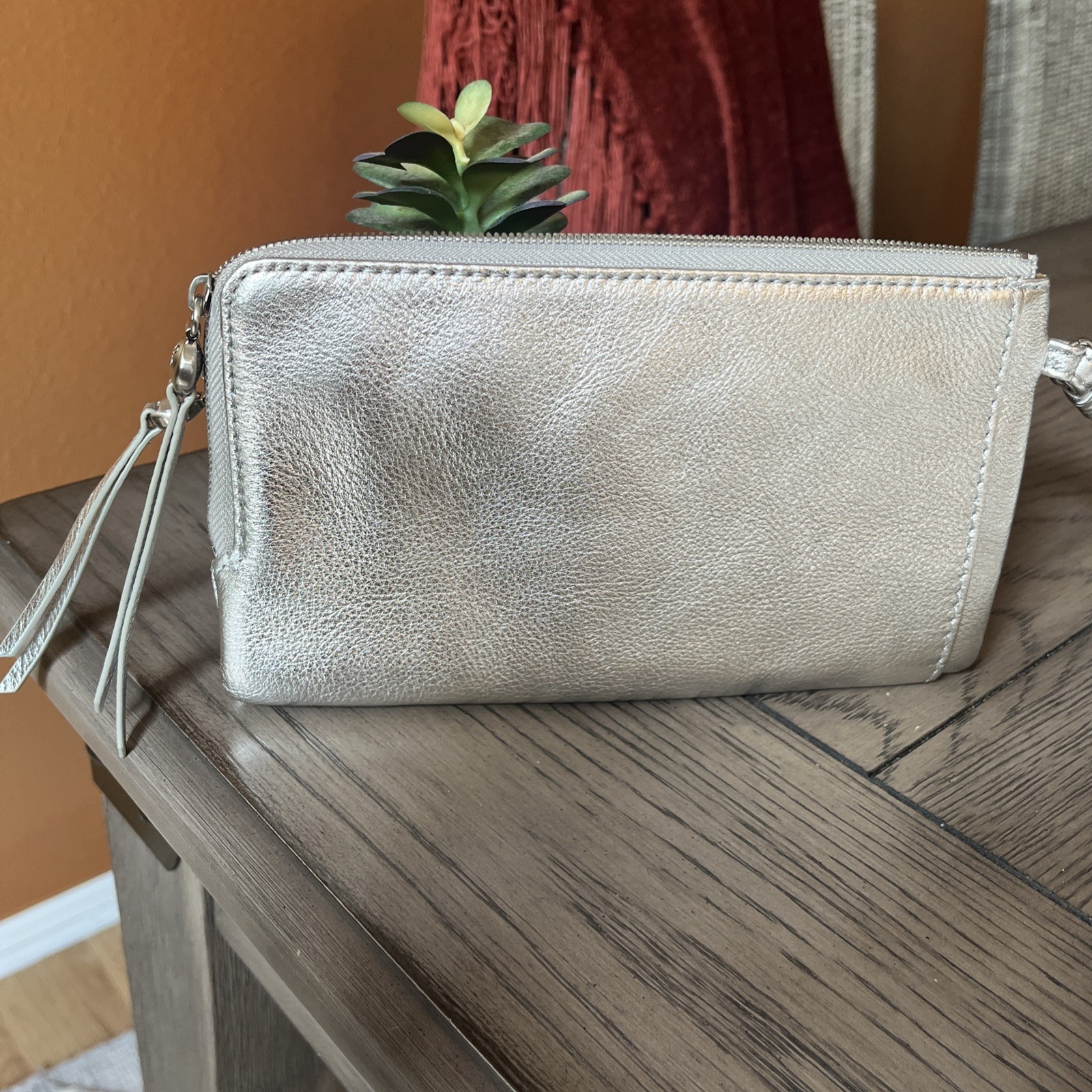 Boho Studded Argento Metallic Silver Wristlet Genuine Leather MSRP 178.00