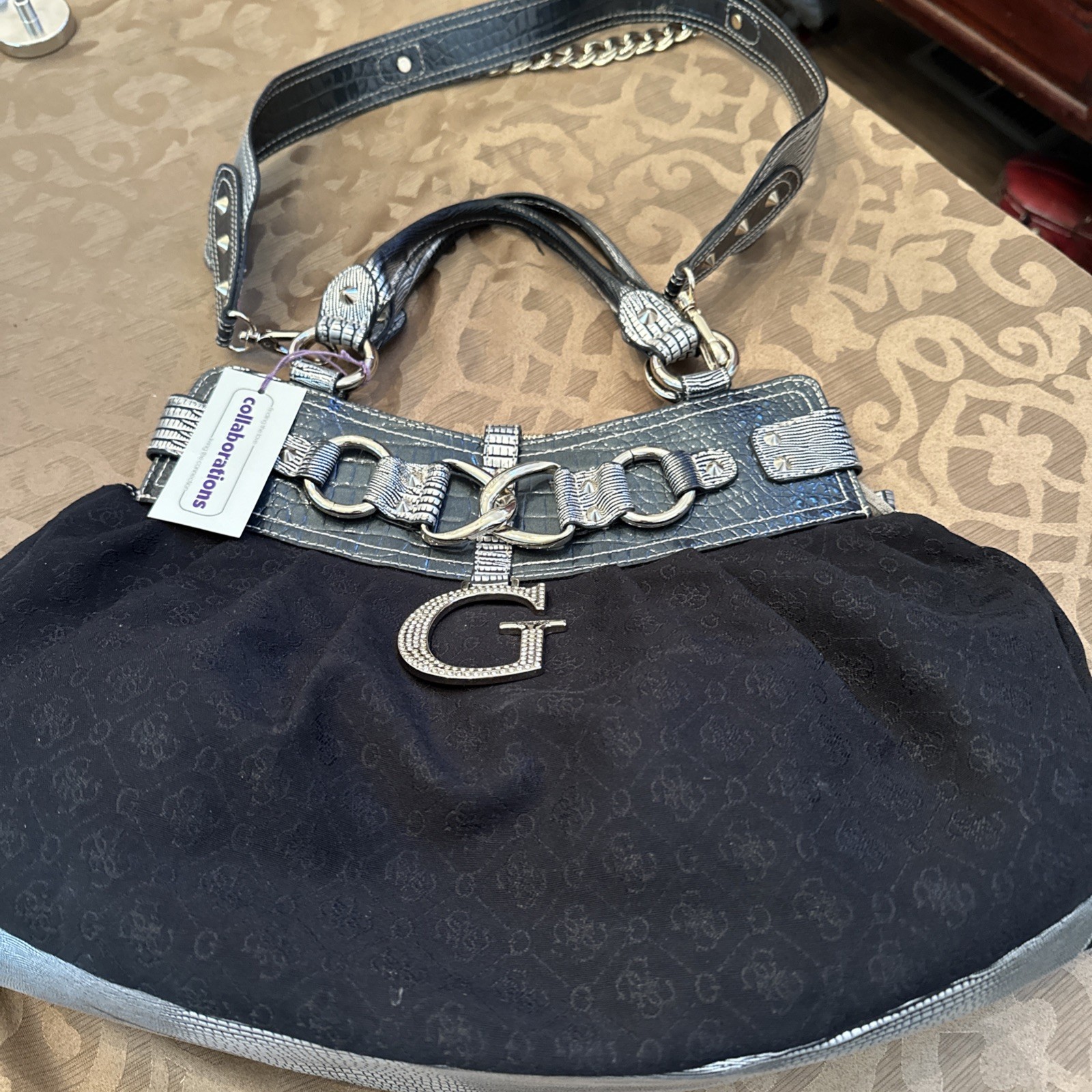 GUESS Large Black Monogram Fabric Silver Croc Trim G Logo Hobo Shoulder Bag
