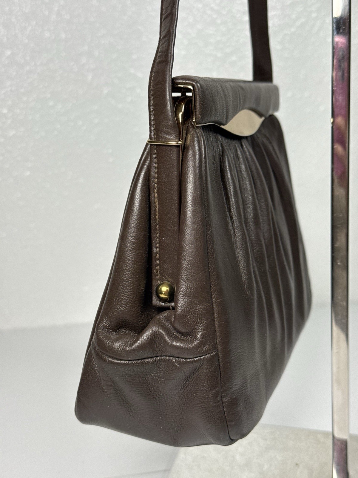 Vintage Etra Womens Chocolate Brown Leather Classic Top Handle Clutch Bag Purse