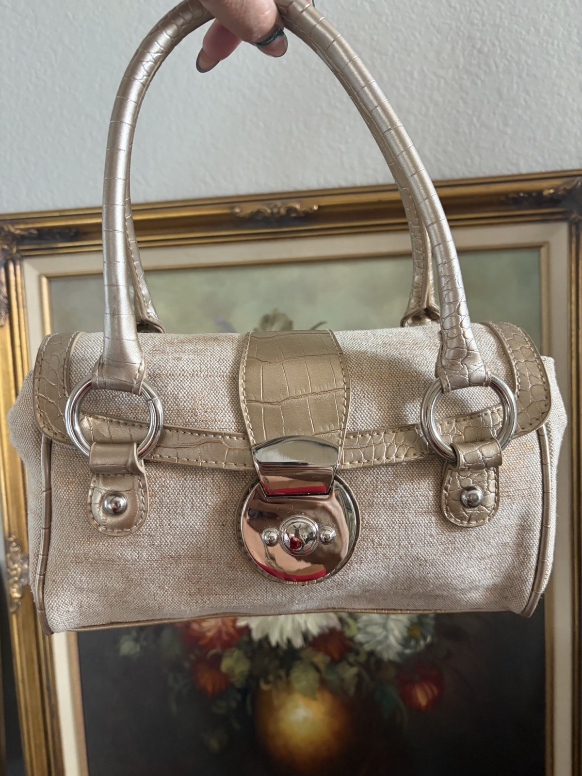 Bisou Bisou Beige Satchel Top Handle Bag Zip Closure Double Handles Pockets