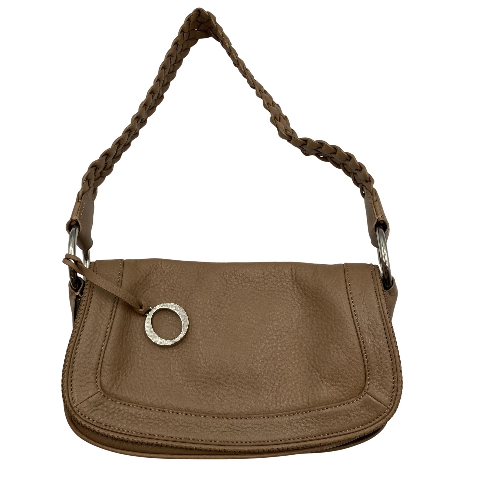Oroton Shoulder Bag Womens Small Tan Leather Braided Strap Ring Charm Flap