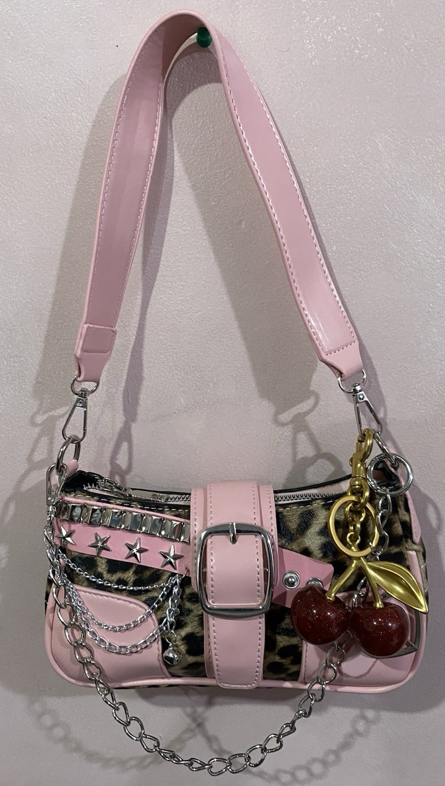Pink Leopard Animal Print Small Shoulder Bag, Chain Strap, Cherry Charm