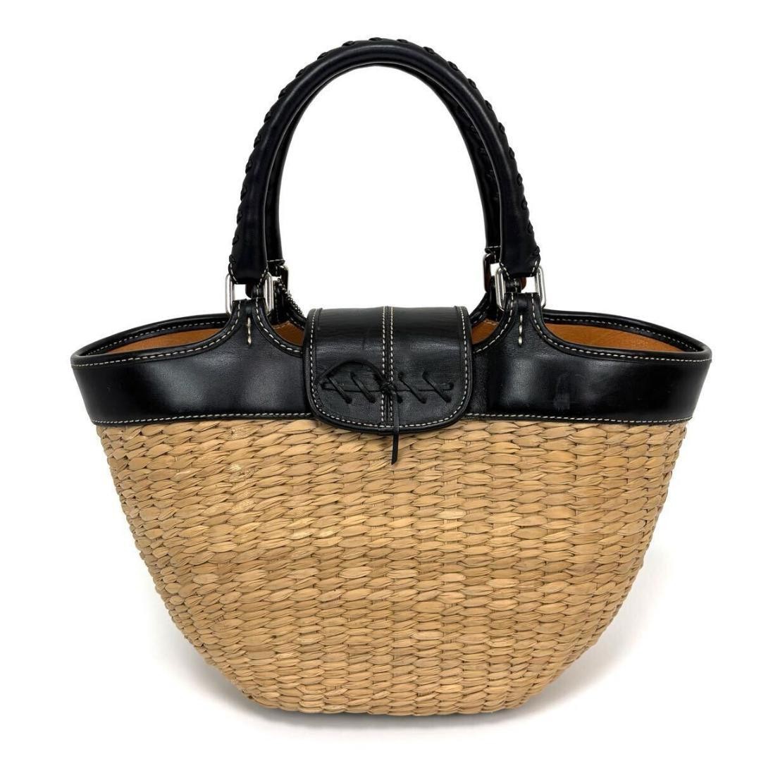 COACH Straw Leather Basket Handbag Camel Black Woven Handle Authentic From JP