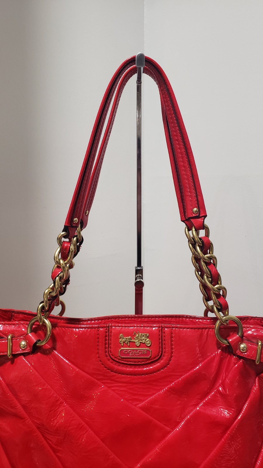 Coach Madison Diagonal Pleated Patent Leather Tote Bag