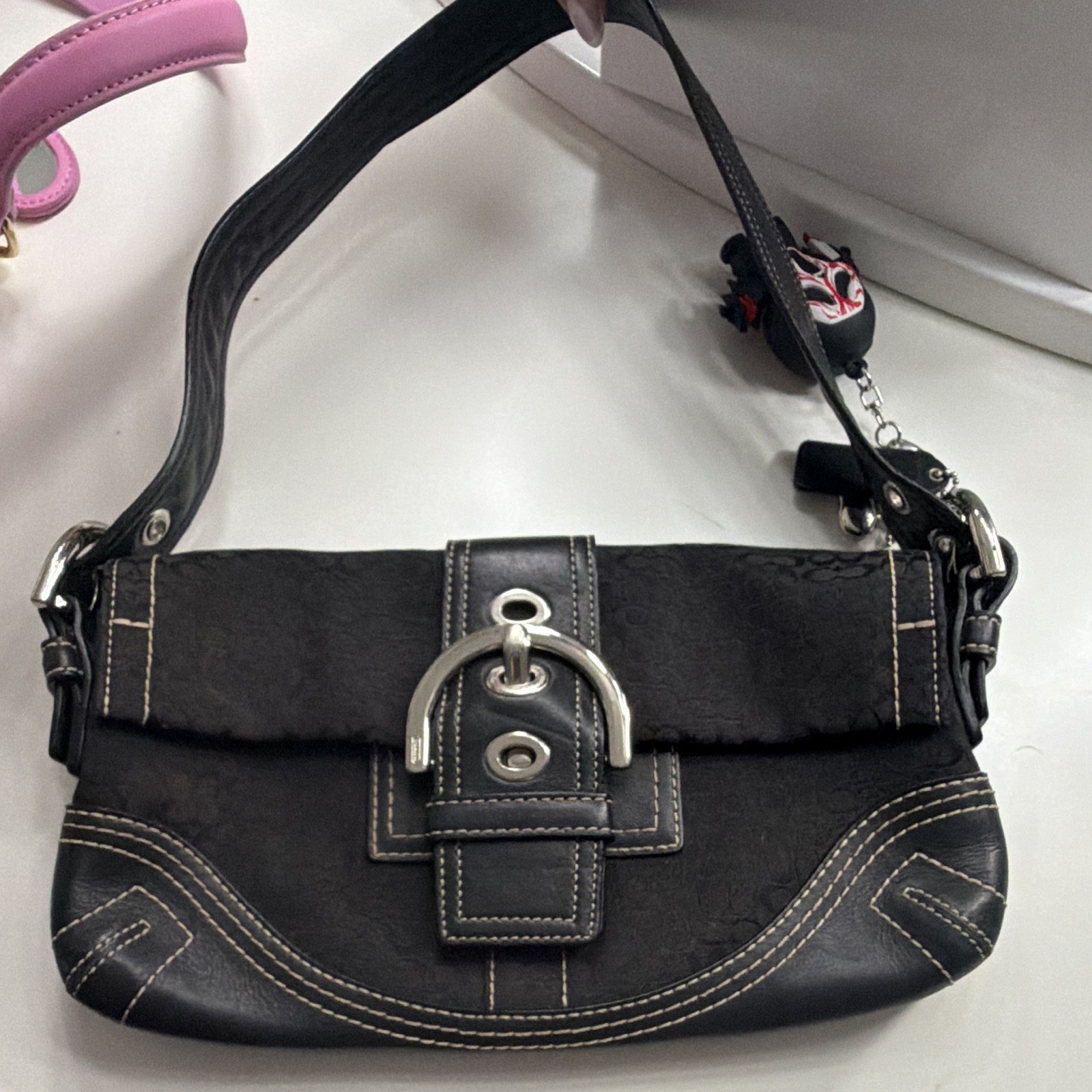 Coach Black Signature Logo Small Shoulder Bag w/ Buckle Accent Zip Closure