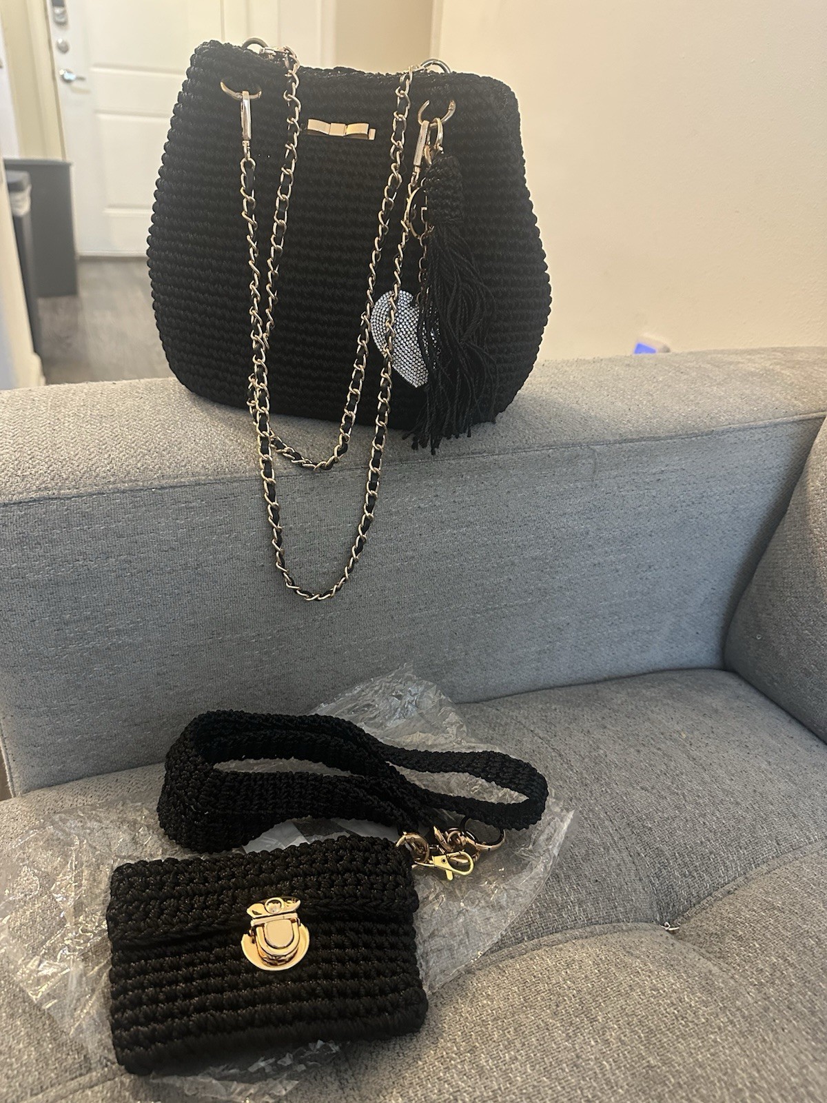 Black Crochet Women’s Shoulder Bag, Gold Chain Strap, Tassel, Coin Purse