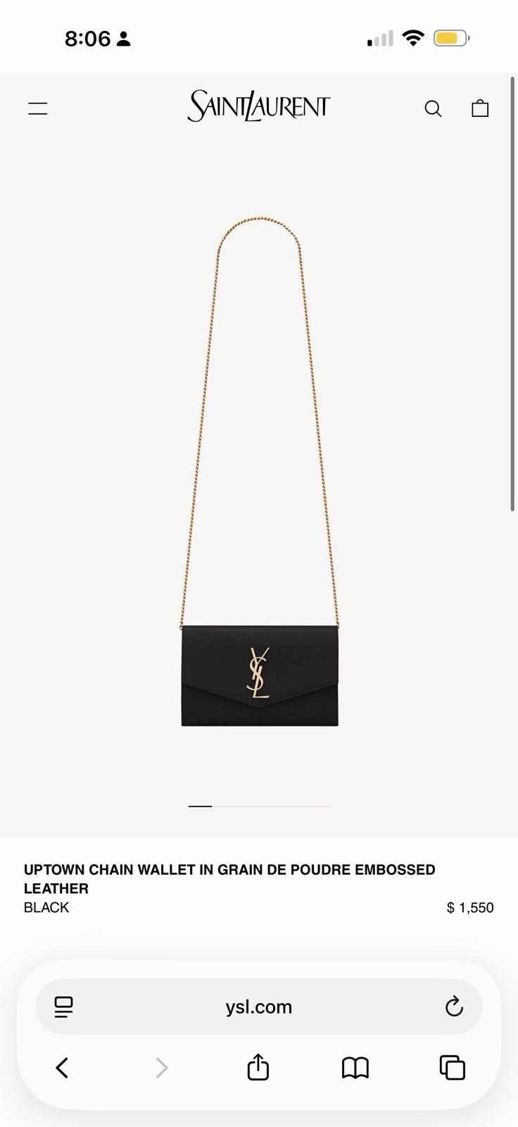 Saint Laurent Uptown Chain Wallet on Chain Shoulder Bag Logo Embossed Black