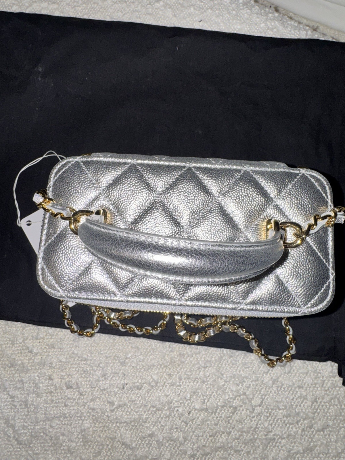 Chanel 26A long chain vanity in silver Caviar gold tone metal