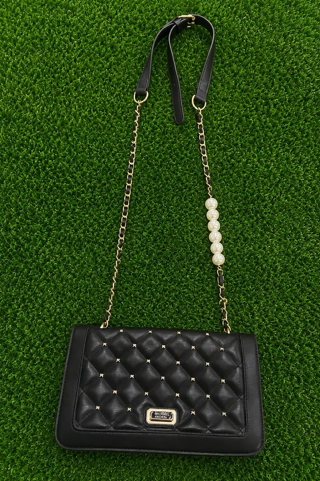 Badgley Mischka Black Quilted Studded Crossbody Bag with Pearl Detail