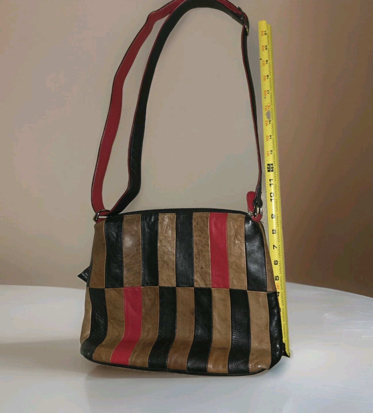 ILI New York Genuine Leather Patchwork Crossbody Bag Red/Black/Brown Zip Vintage