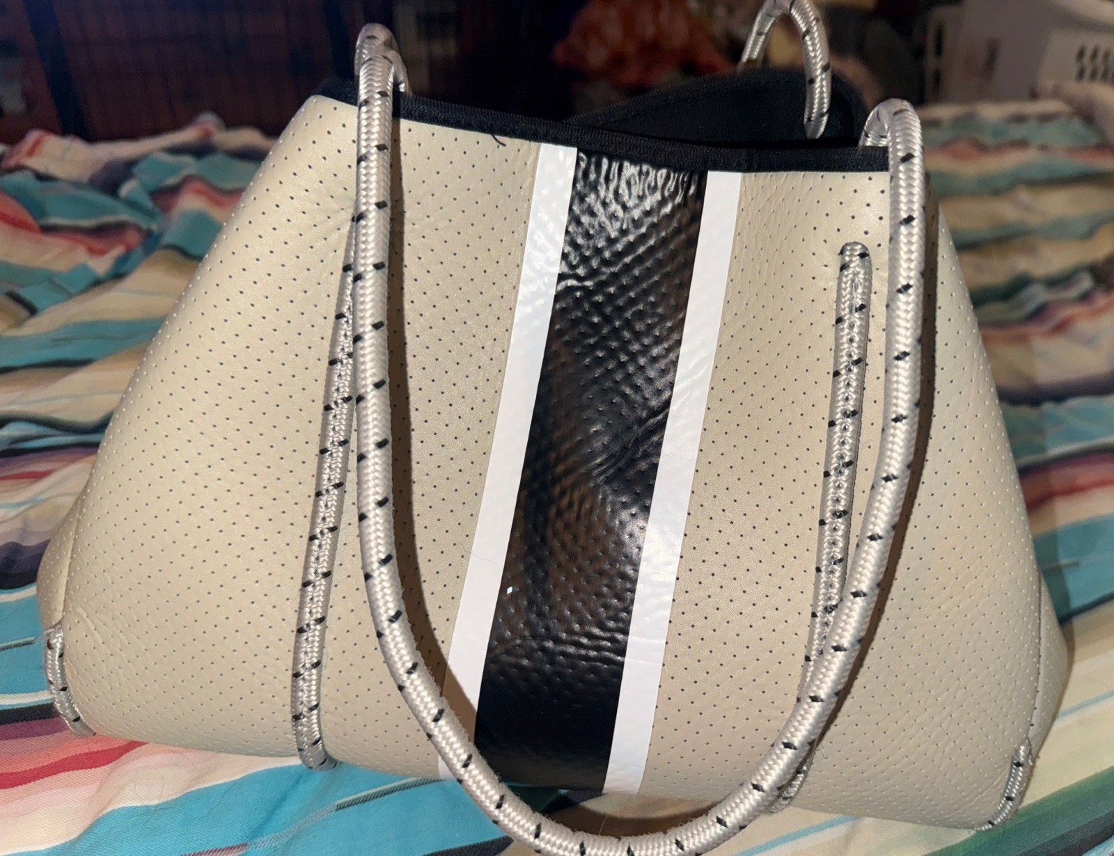 Haute Shore Neoprene Tote Bag Beach Taupe With Black Stripe