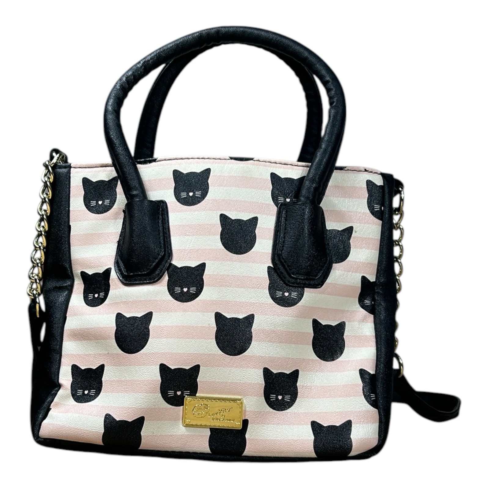 Luv Betsey Johnson Cat Print Satchel Pink Black Chain Strap Crossbody