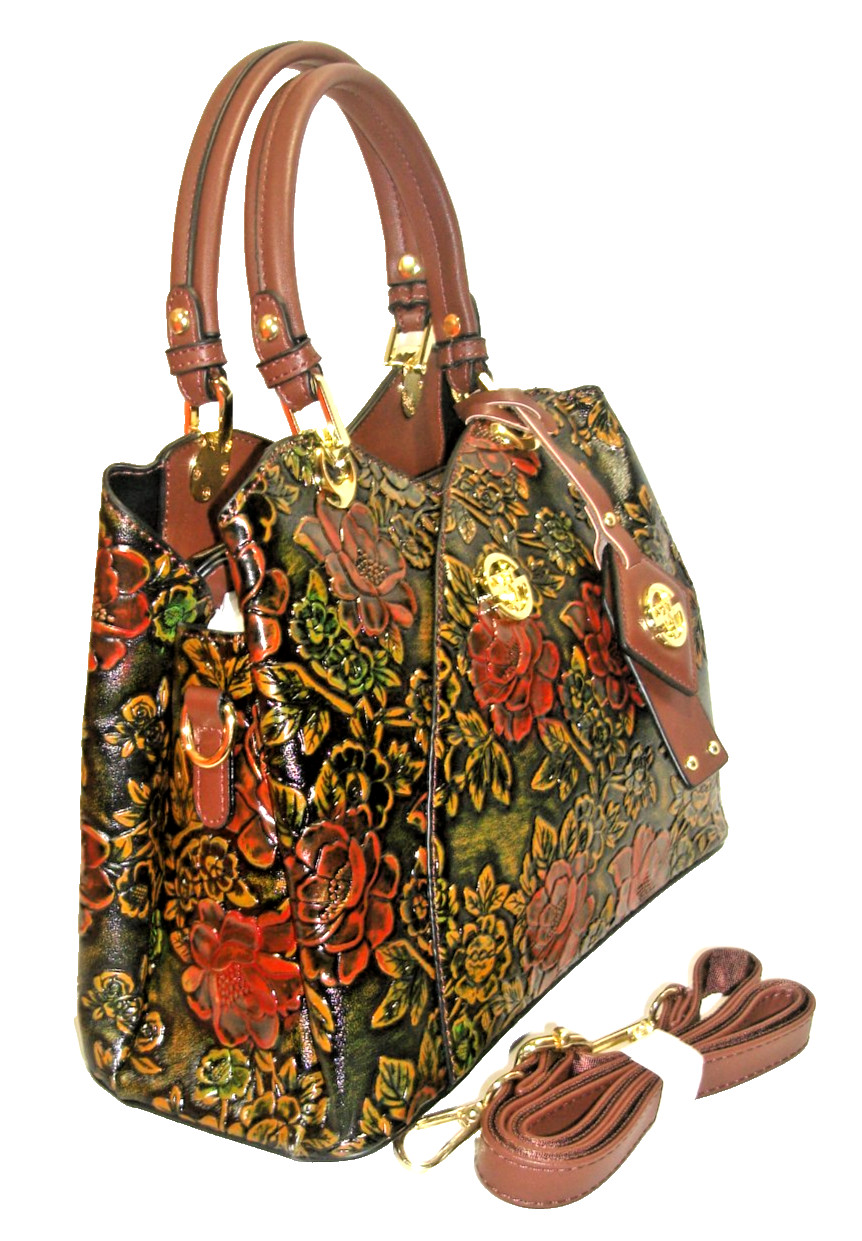 Siweiya Quality Vegan Leather Tooled Floral Motif Satchel Shoulder Bag NWOT