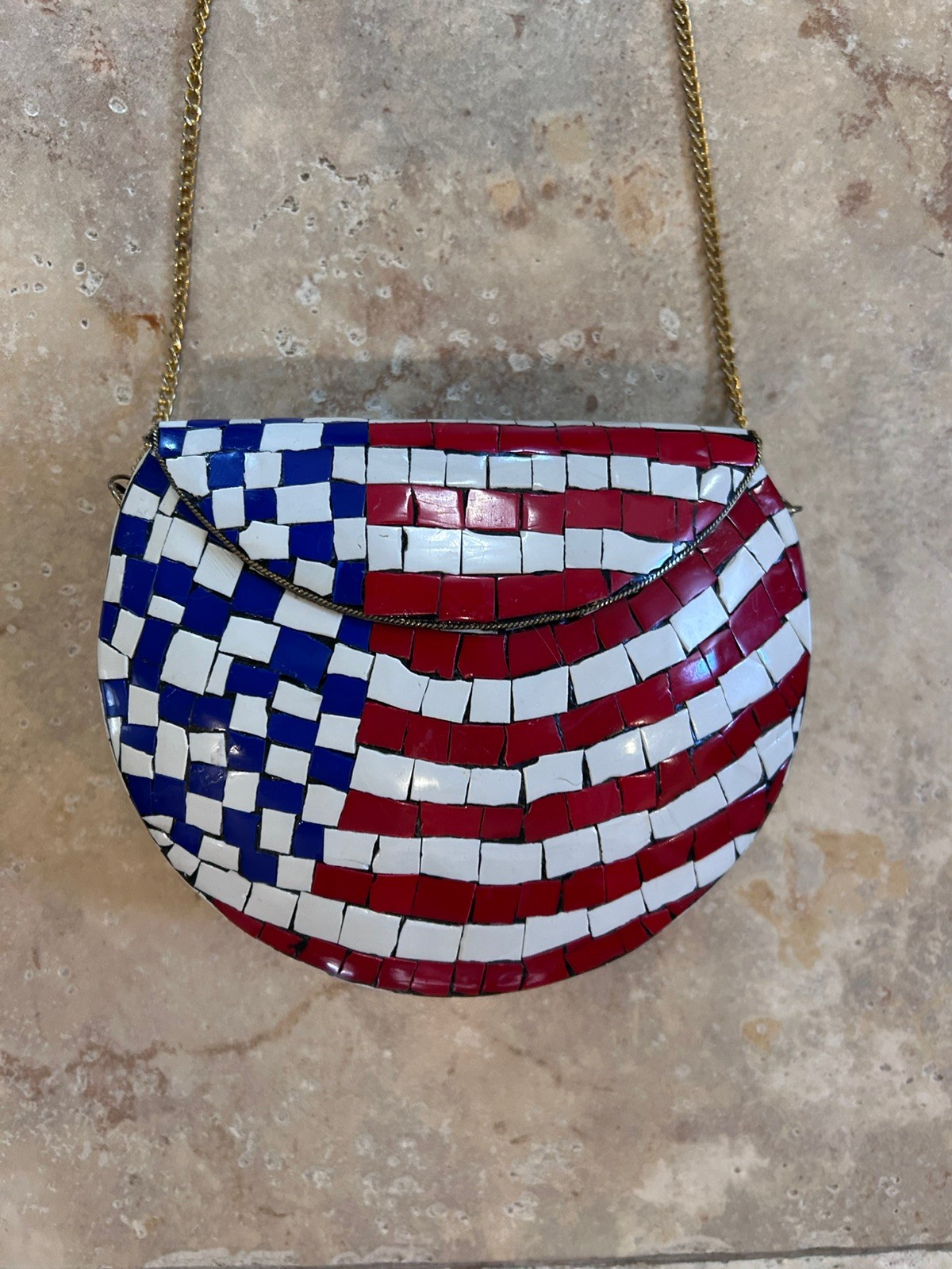 Mosaic Stone Chip Purse on Brass Metal Small American Flag Americana Patriotic