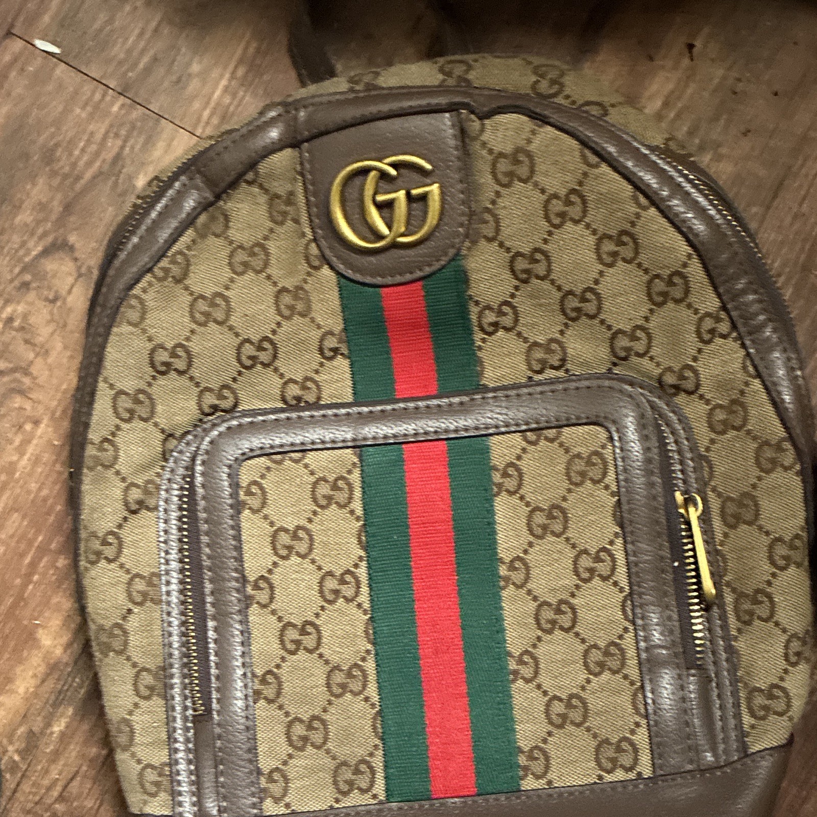 Gucci GG Monogram Web Stripe Zip Backpack Beige/Brown Green Red Gold Hardware