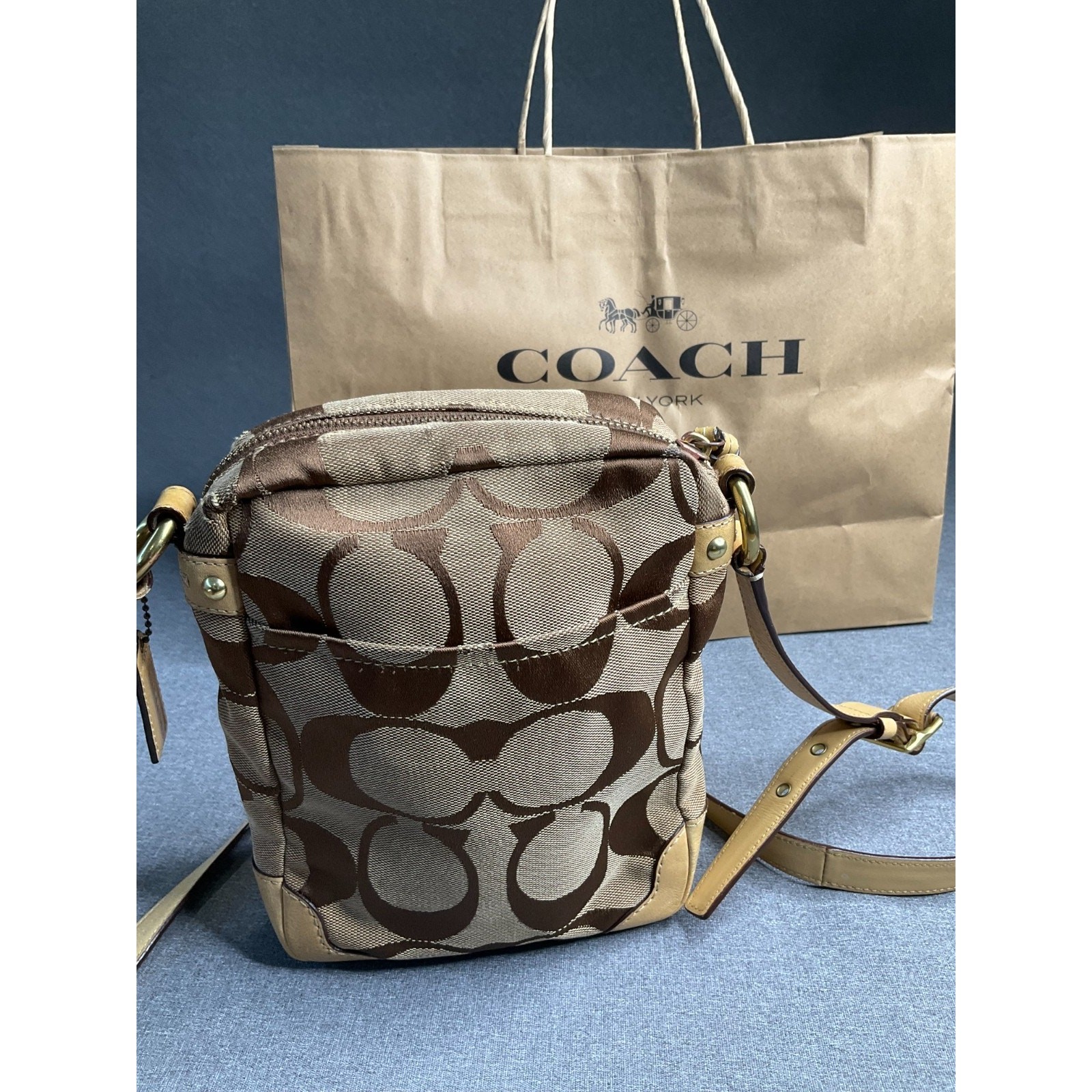 Vintage Coach 12471 Python Print Beige Orange Canvas Leather Shoulder Bag Auth