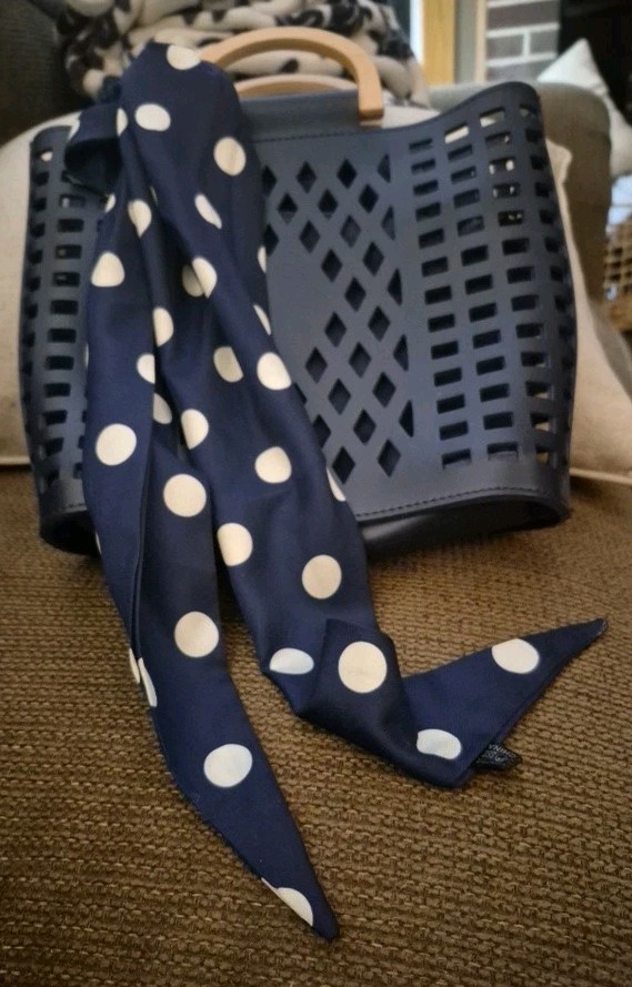 Joy Susan Crossbody Cut-Out Navy Vegan Leather Tote With Navy & Polka Dot Scarf