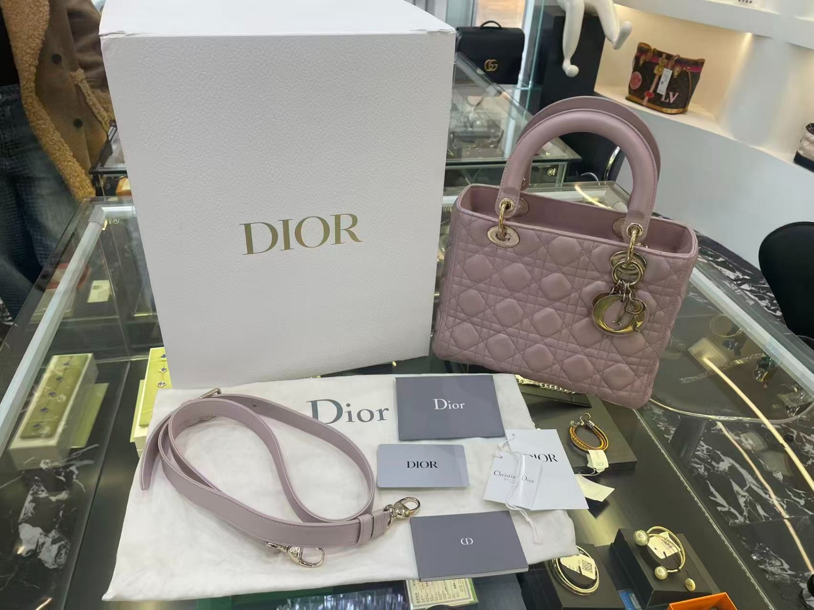 Dior Pearl Pink Gold Lambskin Lady Dior Five Flap Top Handle Crossbody Bag 2018