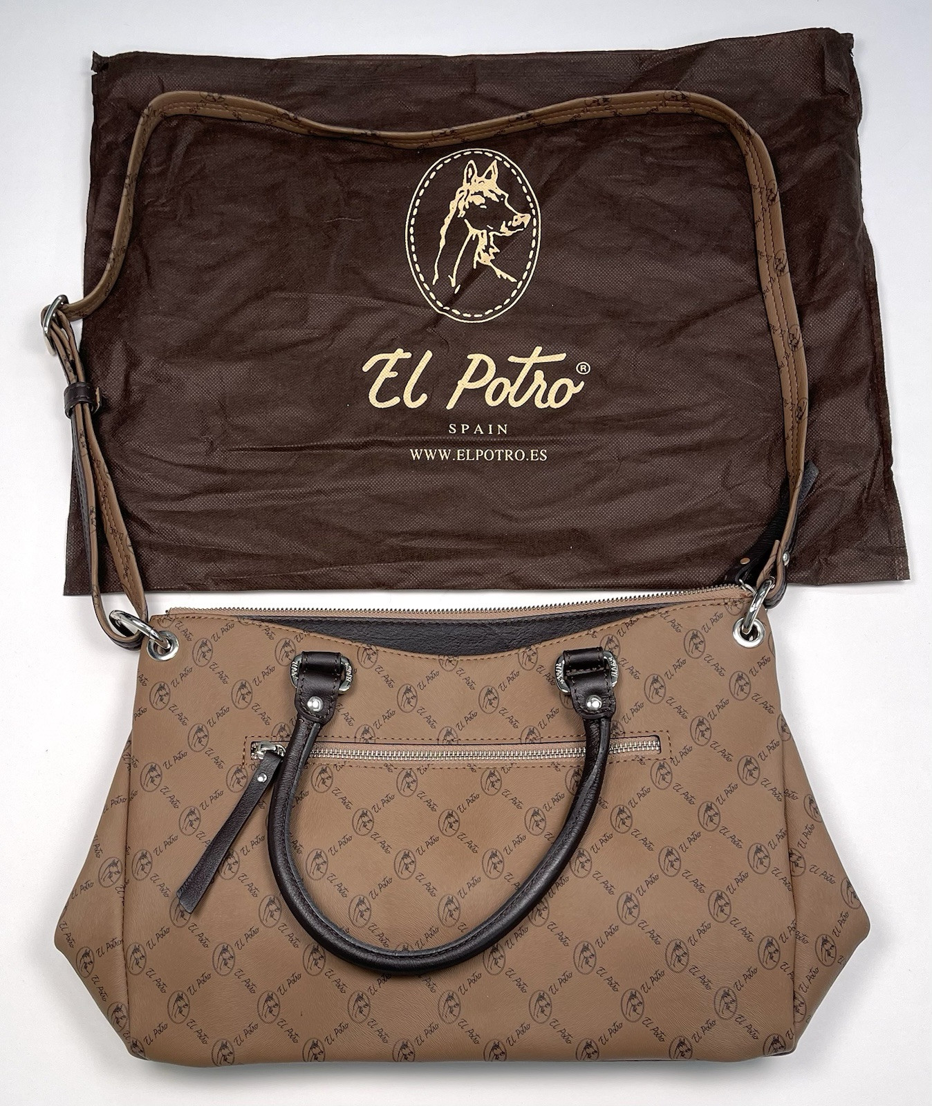 EL POTRO 15″x10″x4.5″ Brown Monogram HANDBAG Purse w/ Dustbag Spain NWOT NEW