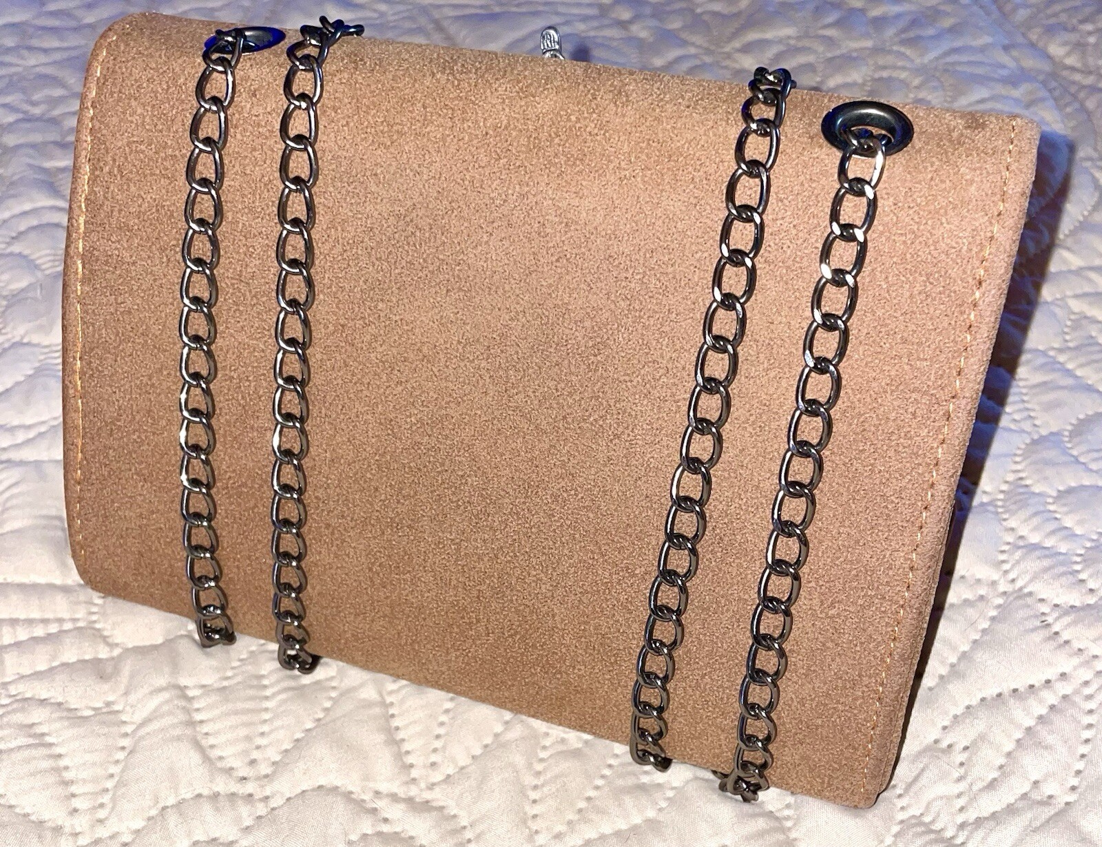 Suede Crossbody Bag Woman’s Clutch With Chain Strap Pewter Feather Hobo Y2K NEW