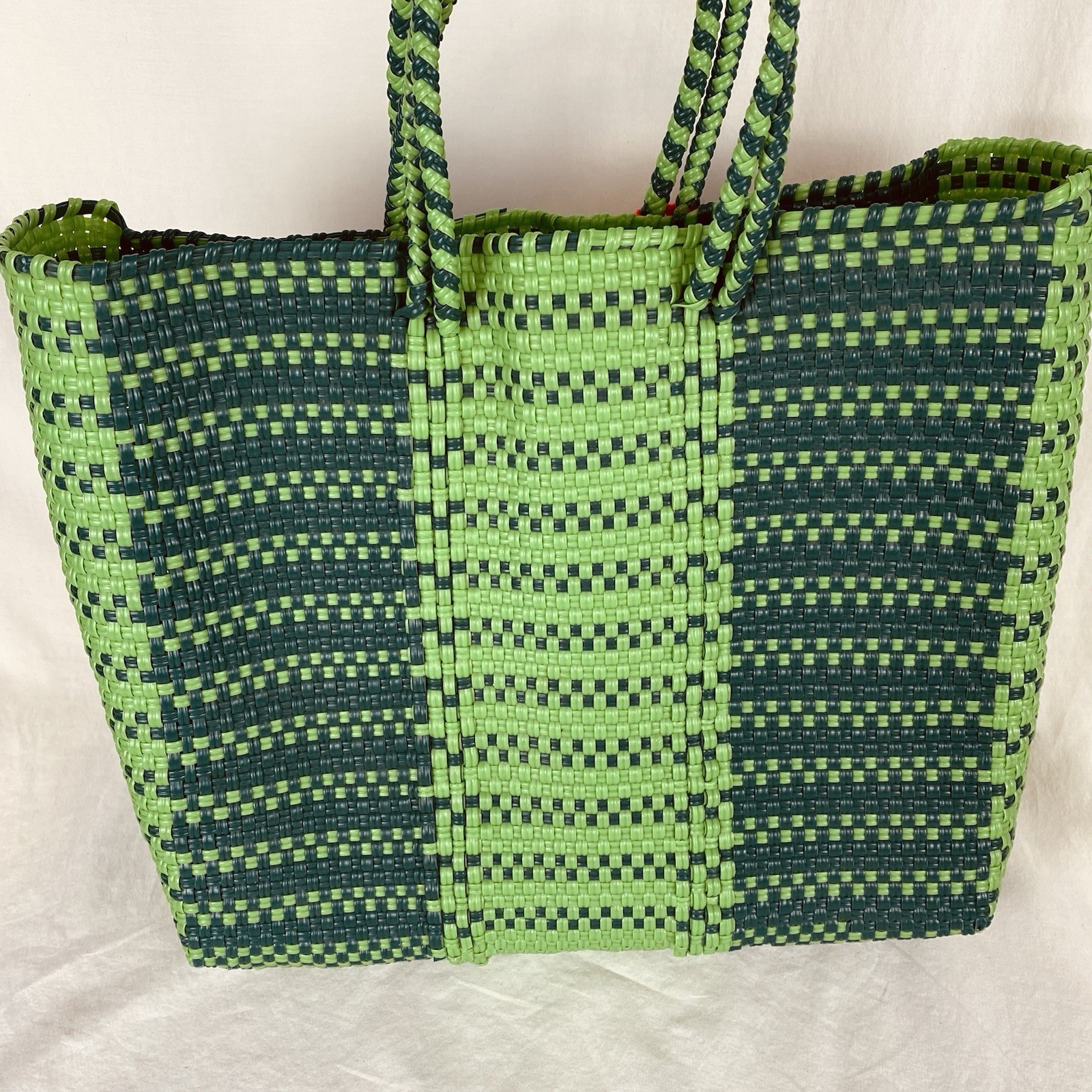Oaxaca Mexico Hand Woven Recycled Plastic 13″ Green Market Tote Bag & Pom