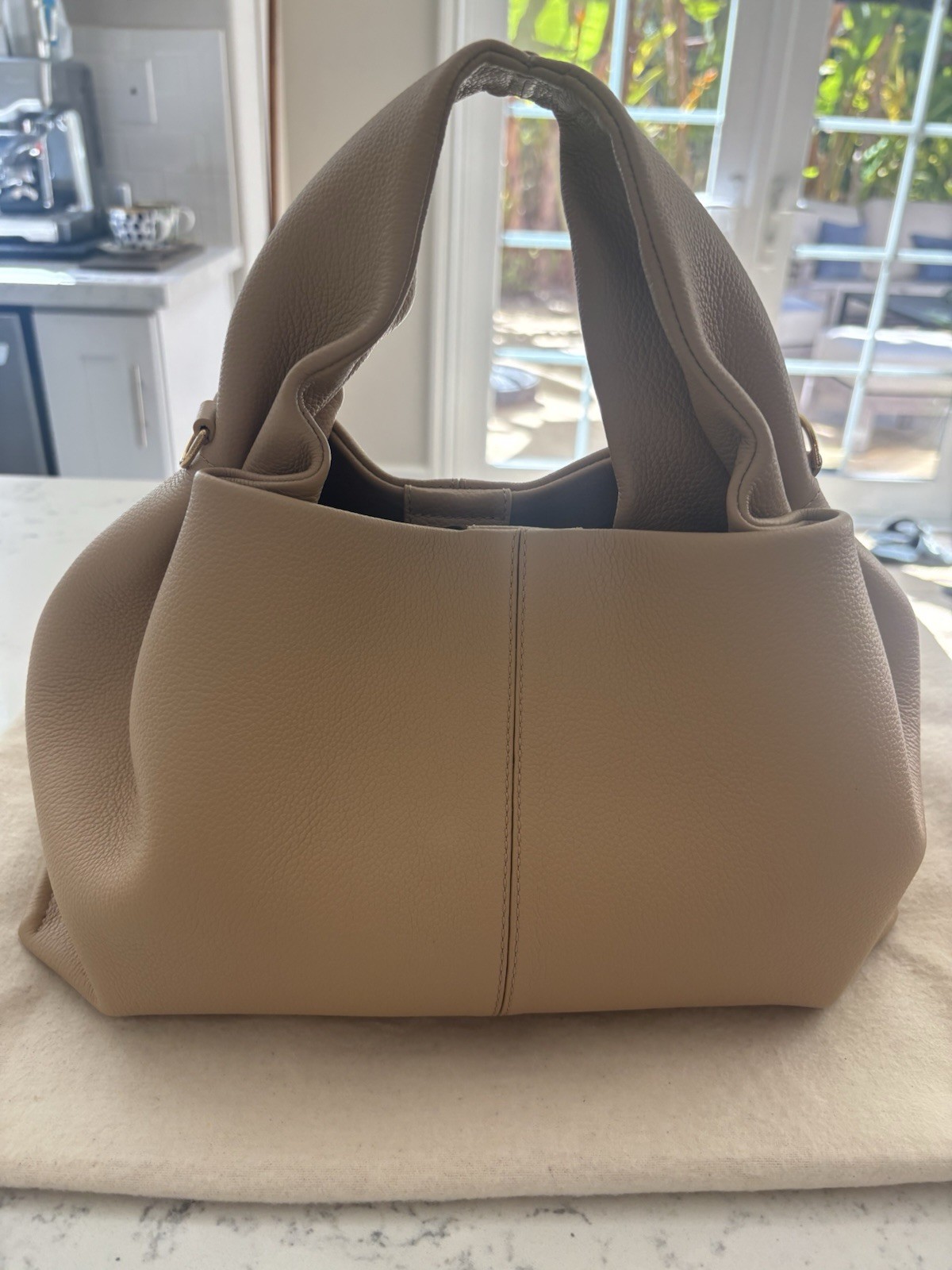 Polene Numero Neuf Textured Beige Leather Detachable Crossbody Handle.