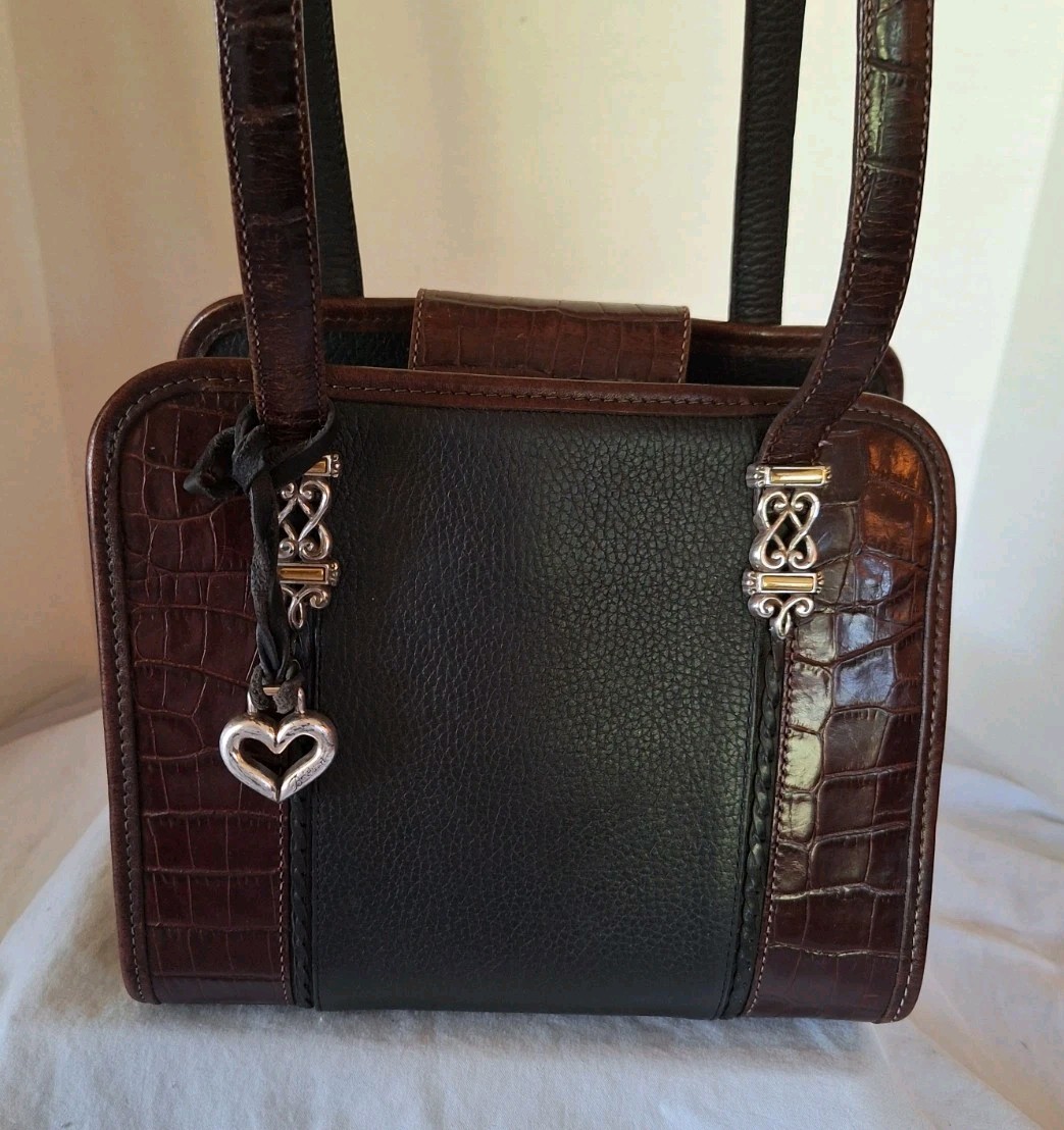 Vtg BRIGHTON Black Pebbled/Brown Croc Leather Purse Shoulder Bag Woven Handles