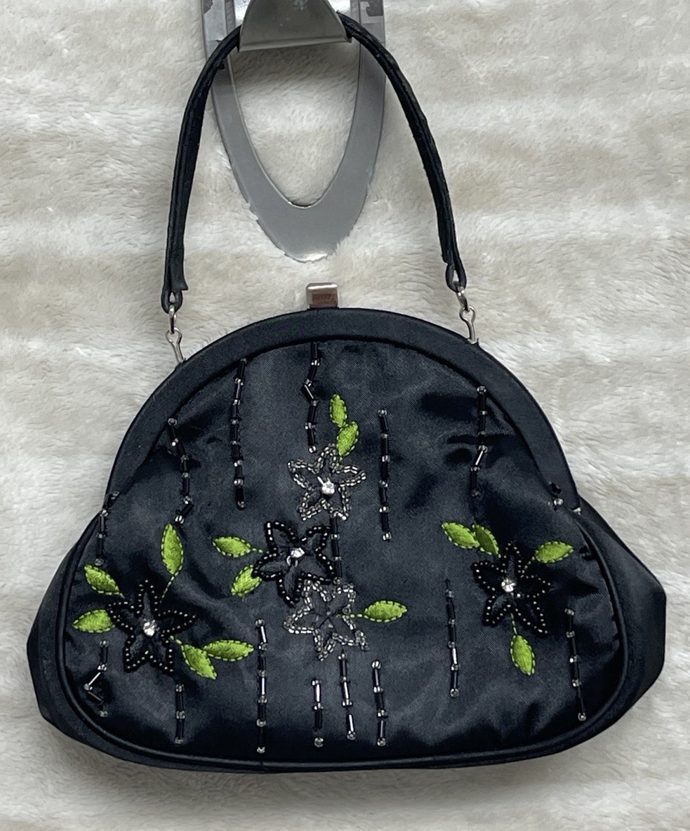 Valerie Stevens Satin Beaded Evening Purse Crossbody/Shoulder bag w/Mirror Small