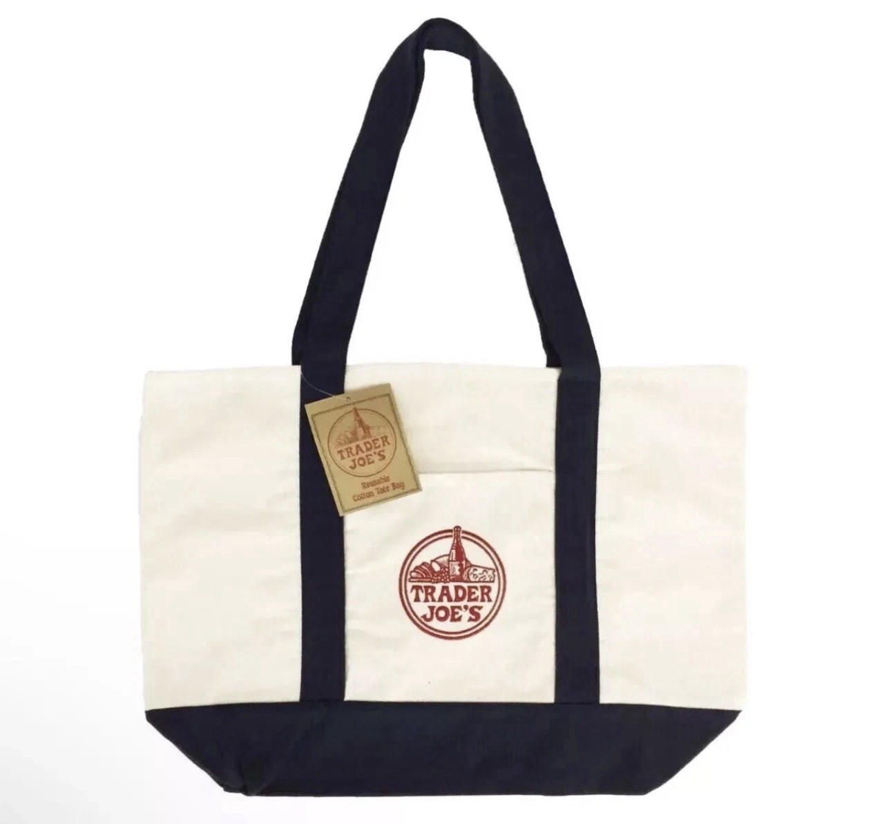Trader Joe’s Reusable Canvas Large Tote Bag Heavy Cotton Blue White STAY TRENDY✨