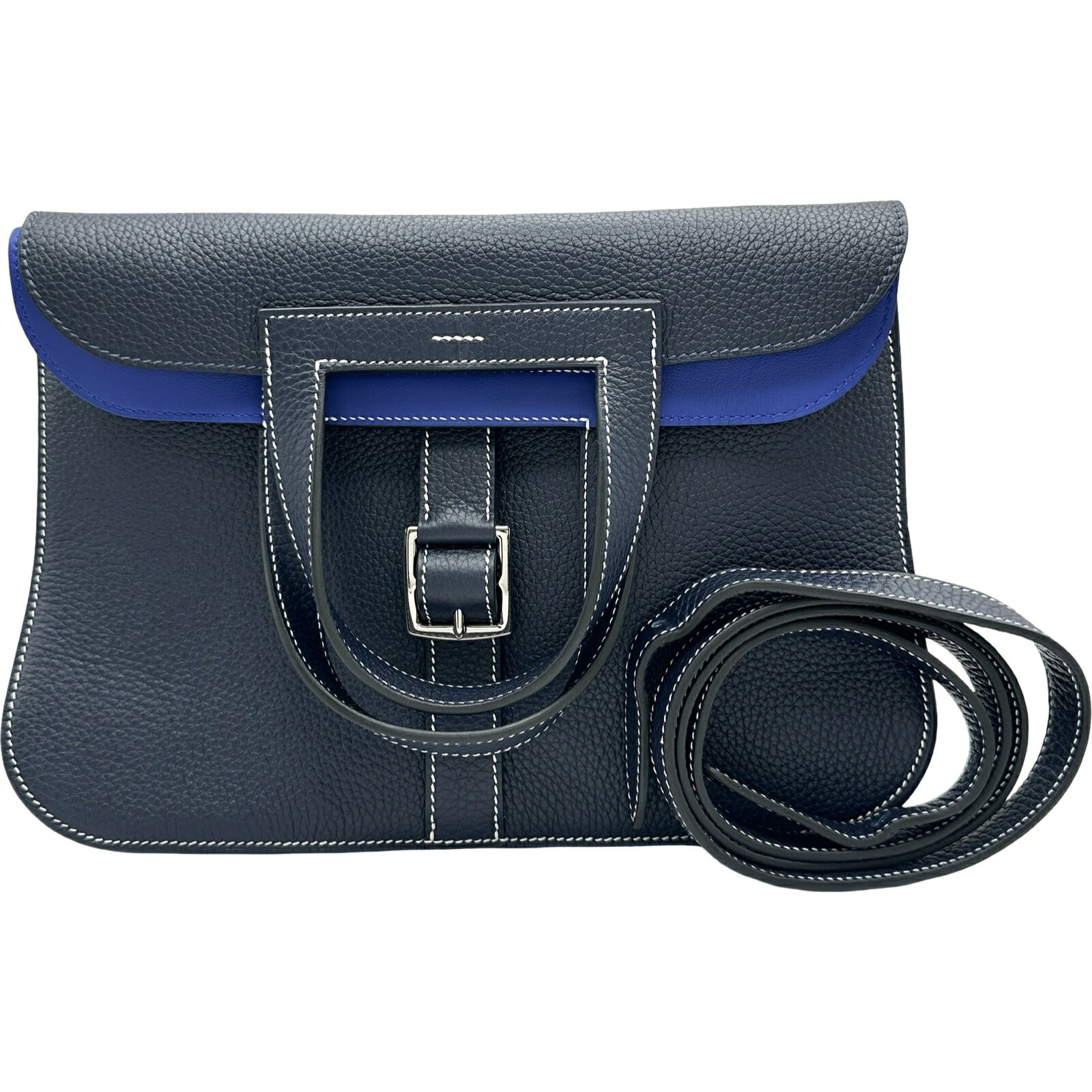 Hermes Halzan 31 Verso Shoulder Bag Handbag Leather Bleu Nuit Bleu Electrique 99