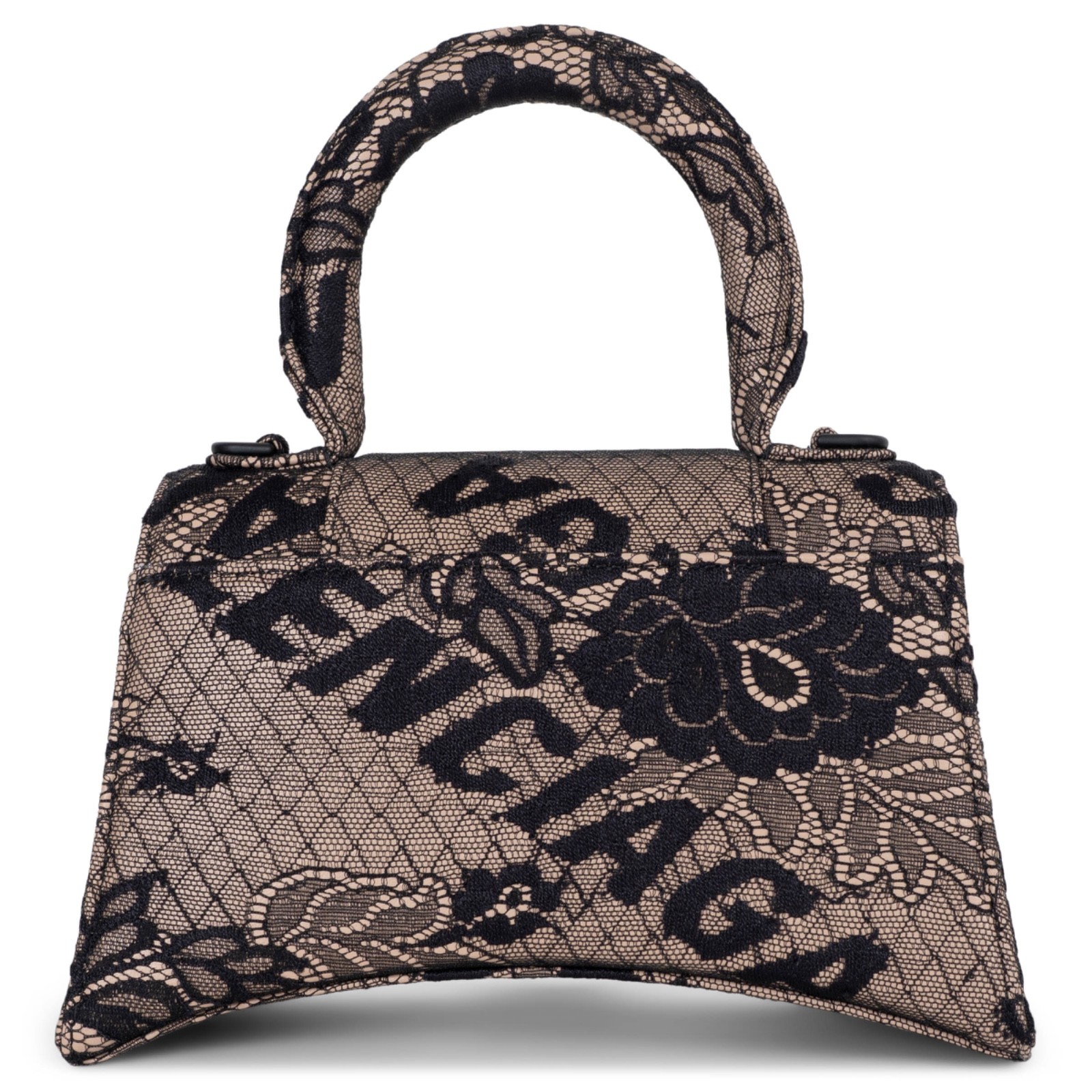 74141 auth BALENCIAGA black & nude HOURGLASS XS LACE Tope Handle Bag