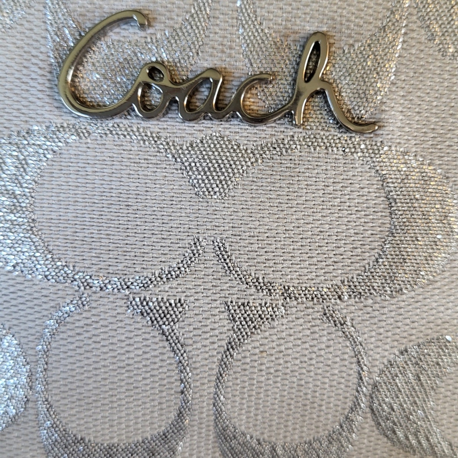 Coach White and Gray with Silver Metallic Signature C Tote Bag Shoulder F17724