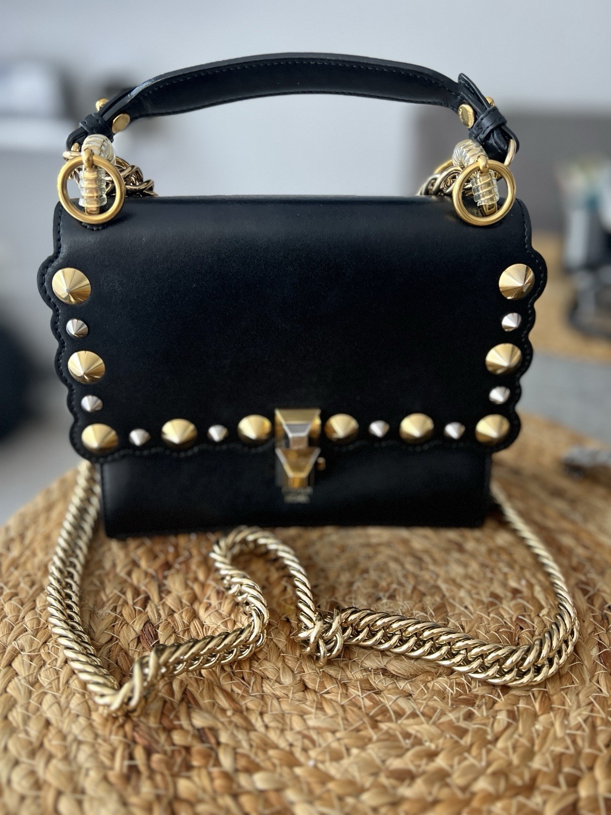 Black Studded Small Top Handle Bag w/ Detachable Gold Chain Strap Push Lock