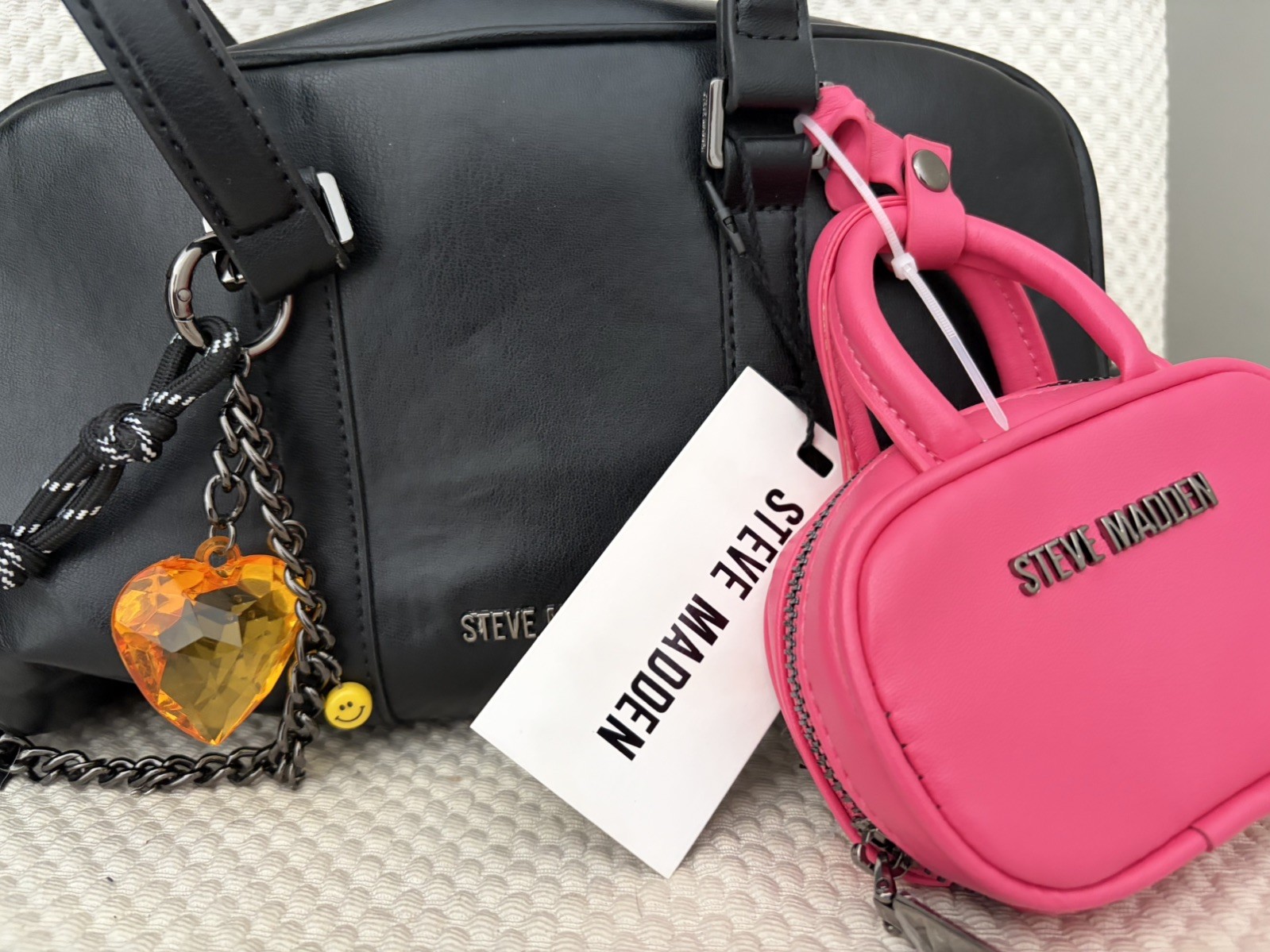Steve Madden Matte Black Crossbody Bag with Mini bag and Jeweled Heart Bag Charm