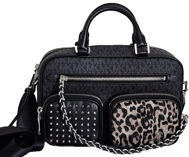 🌞MICHAEL KORS ELLIOT BLACK LOGO SILVER STUD LEOPARD MD UTILITY CAMERA BAG🌺NWT