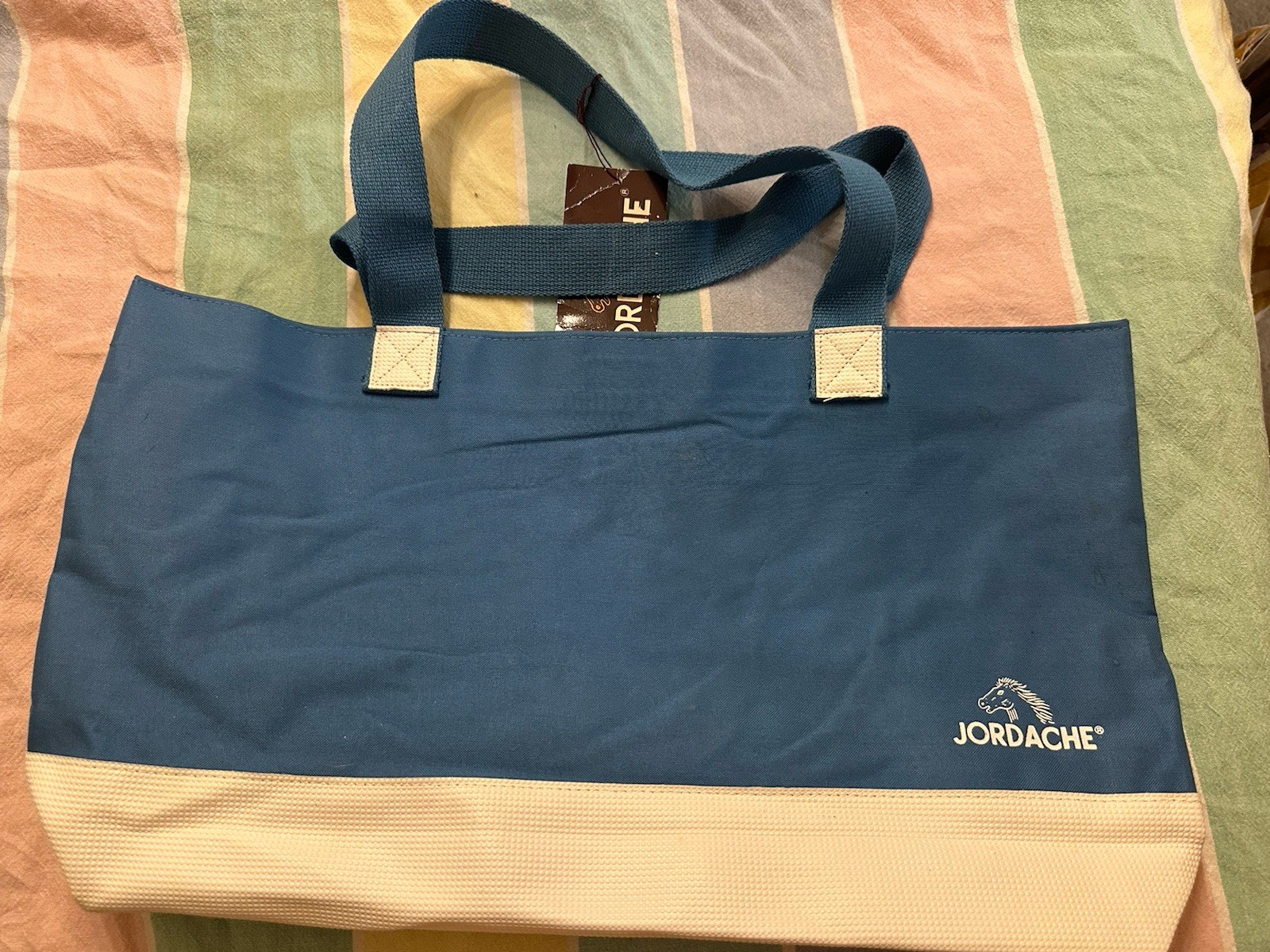 Jordache Nylon Tote Bag Canvas Blue Large 24×16 Double Handles Vintage Tags Gym