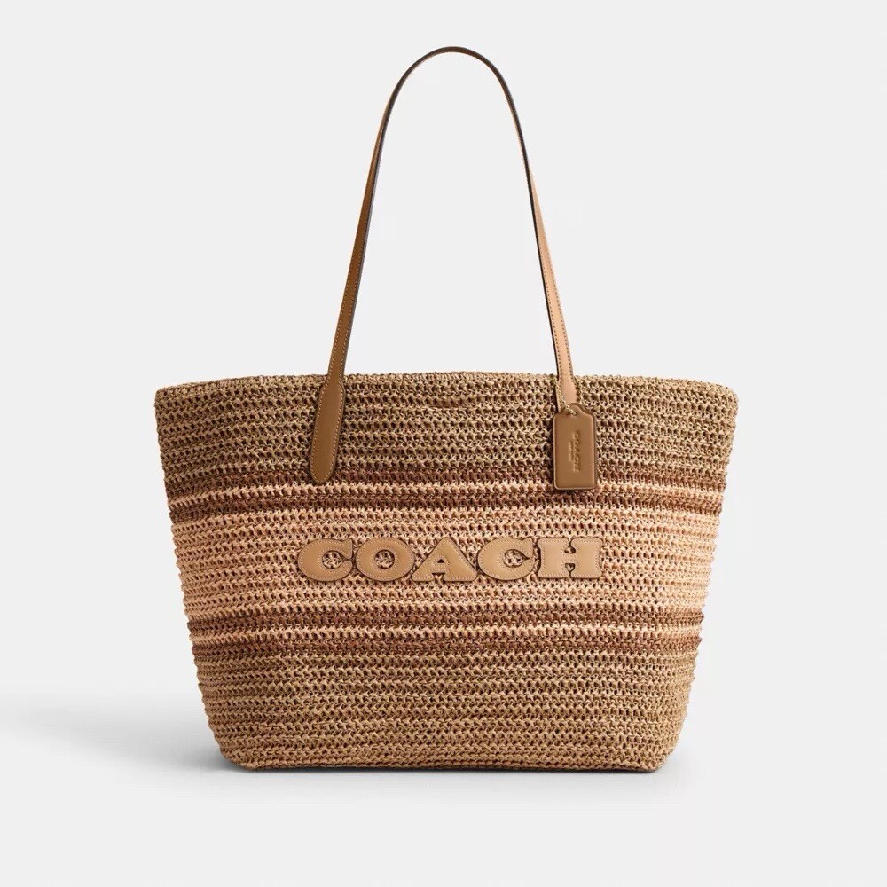 NWT COACH Straw and smooth leather City Tote Bag CBG87 Im/Honey Brown Multi
