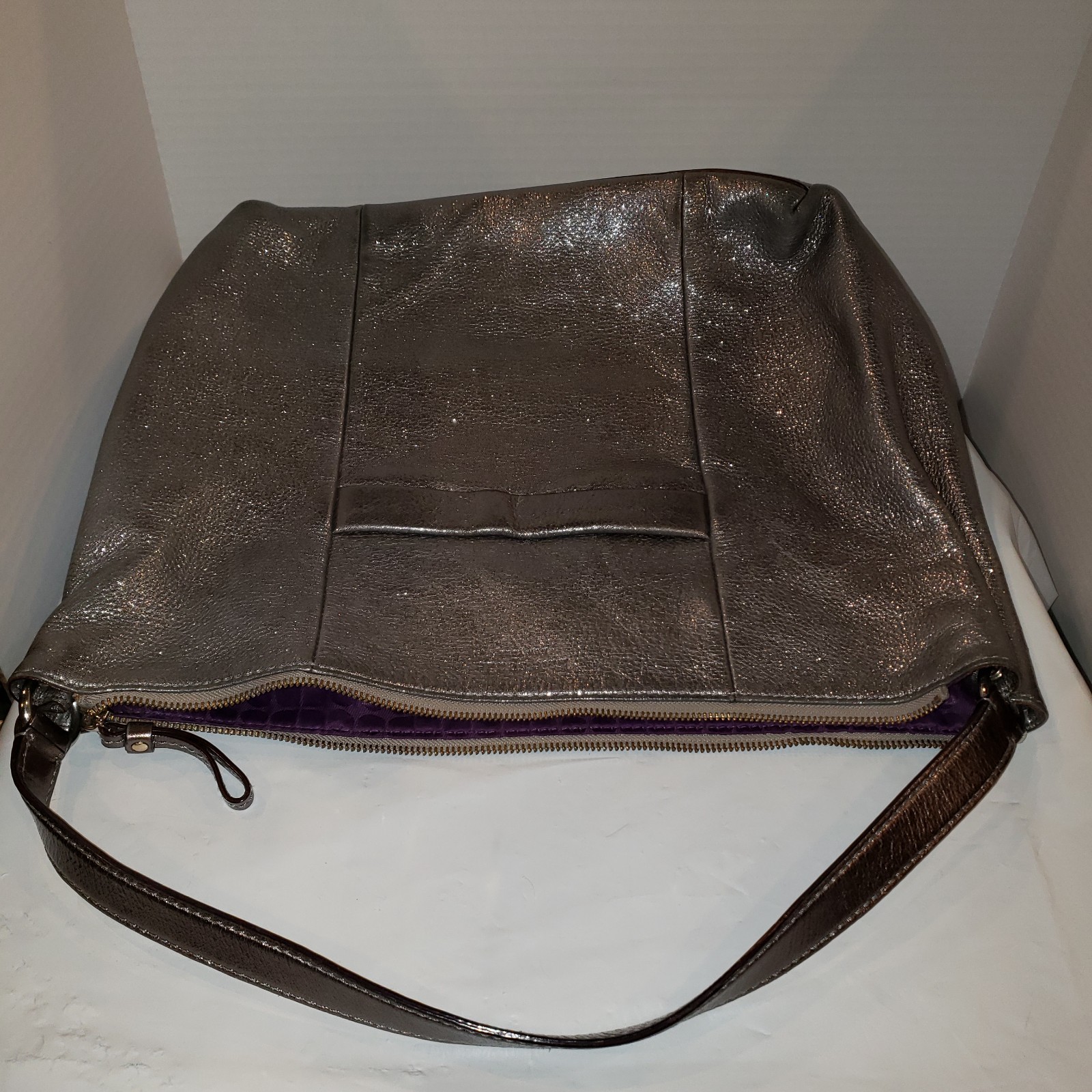 Kate Spade Pebbled Leather Shoulder Hobo Bag Sparkling Silver 12″H X 13″W