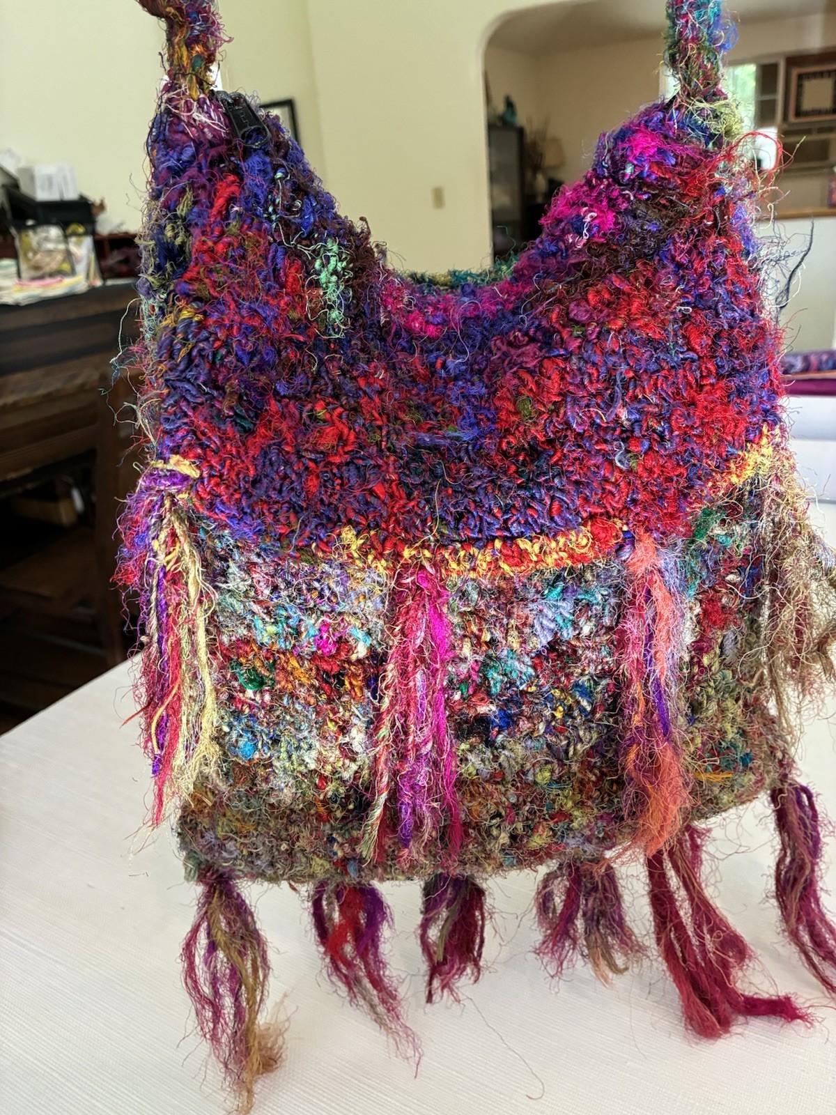 Lakhay’s Collection 100%Silk Crossbody Bag Boho Fringe Nepal 12×11 In