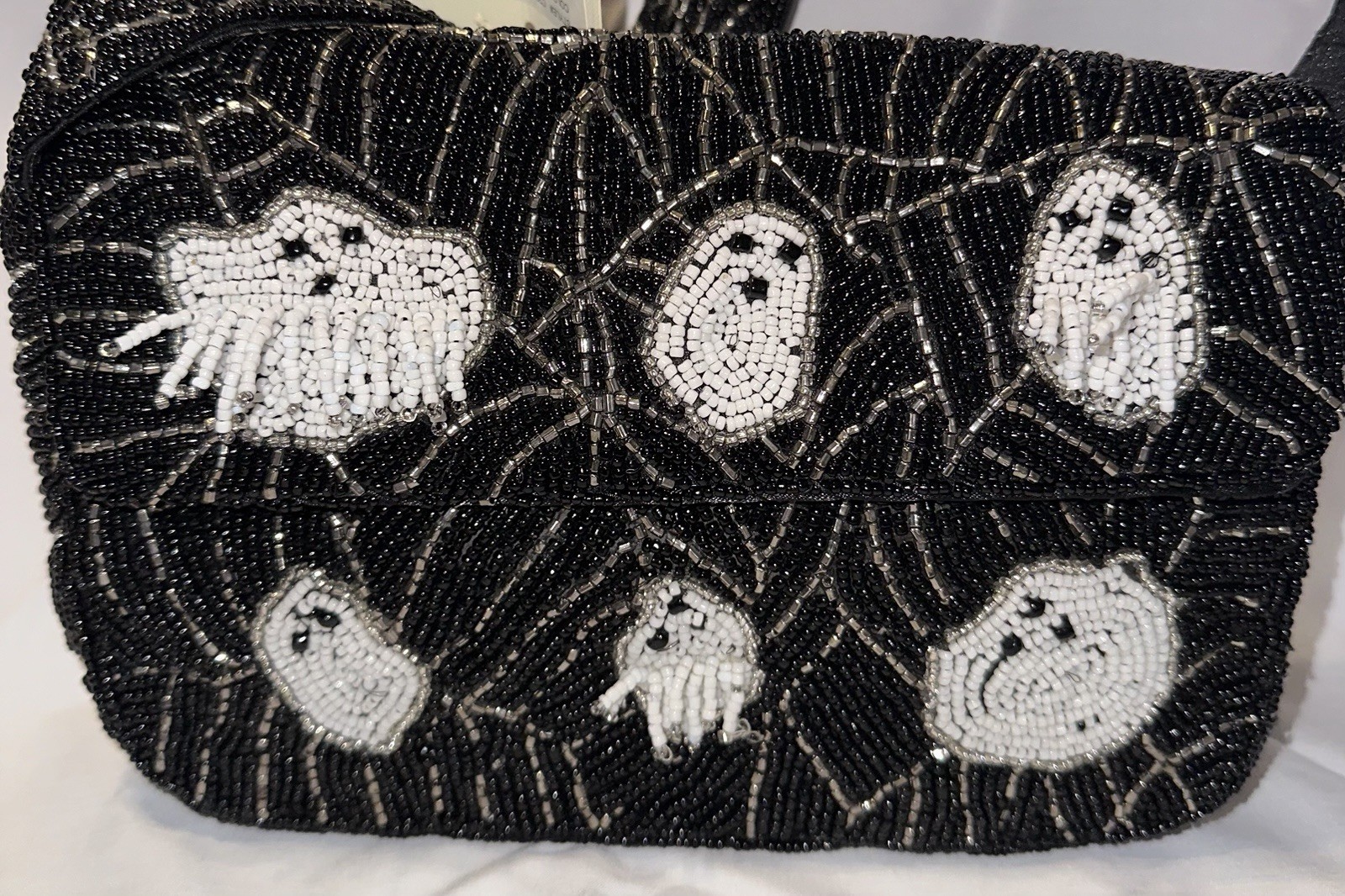 Sol & Mer Black Beaded White Ghost/Spider Web Shoulder Bag